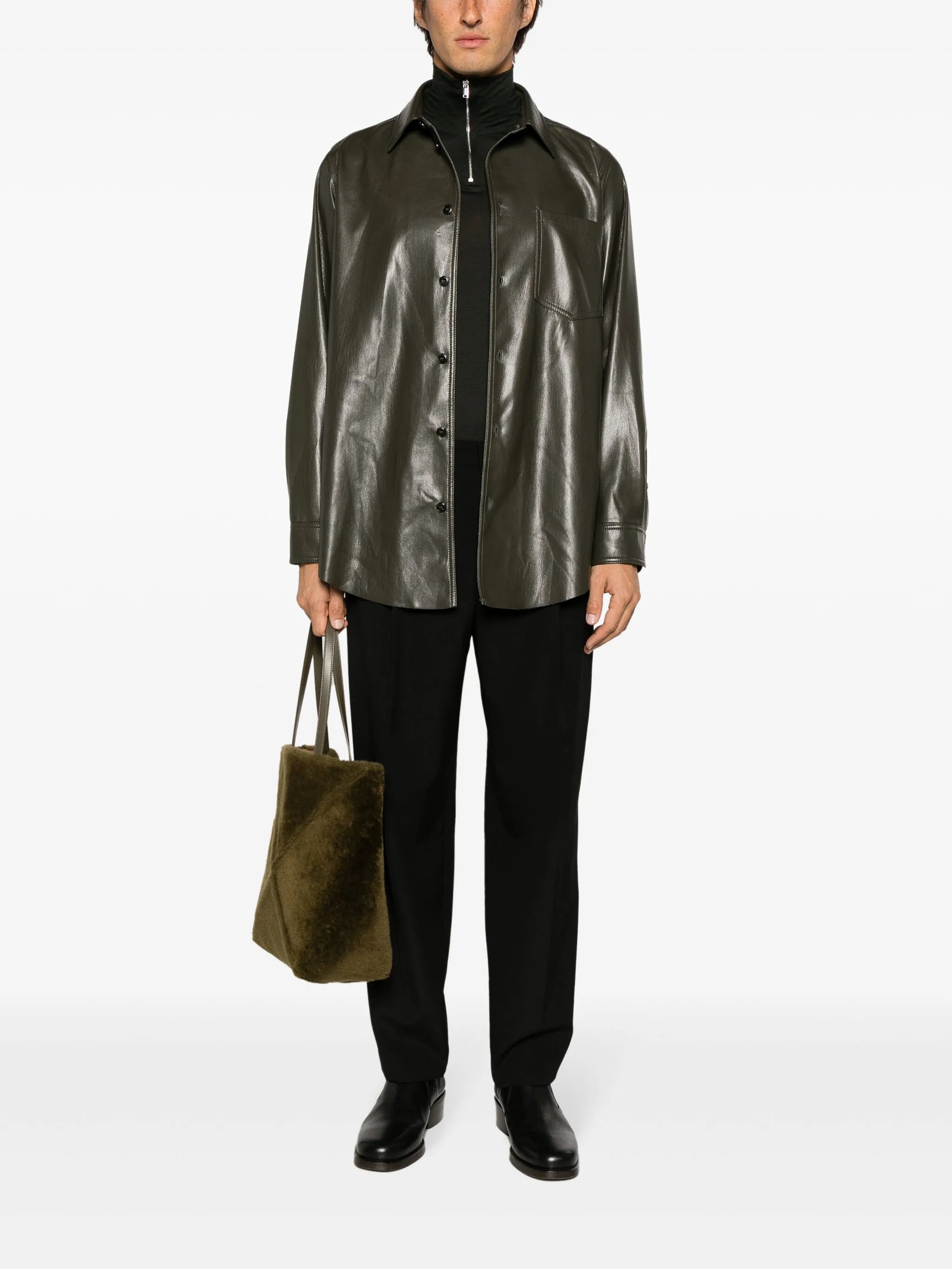 long-sleeve faux-leather shirt