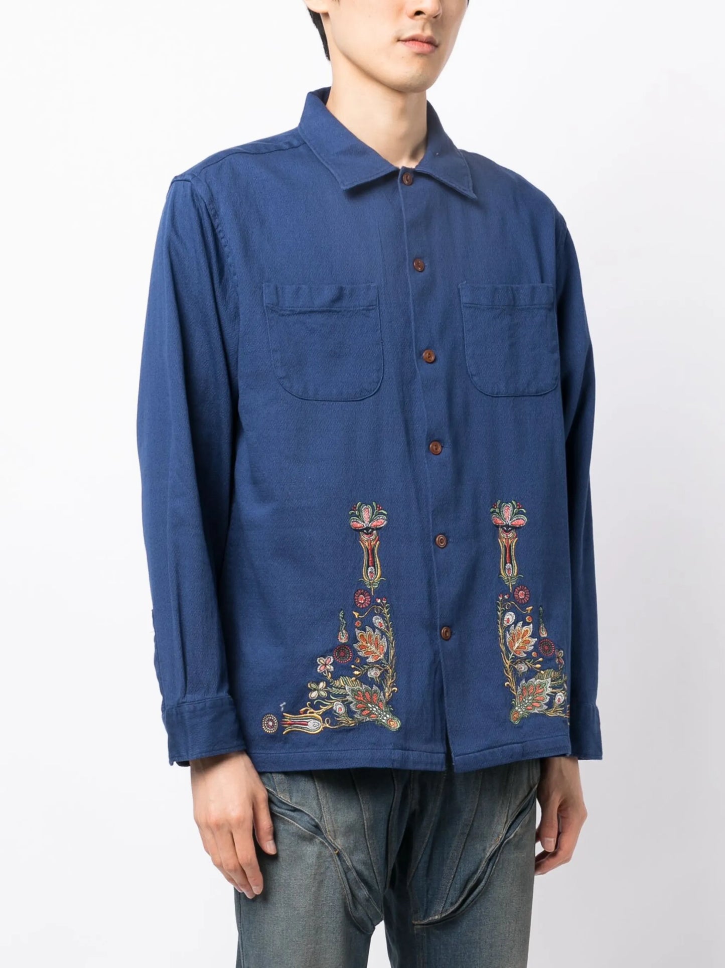 floral-embroidery cotton shirt