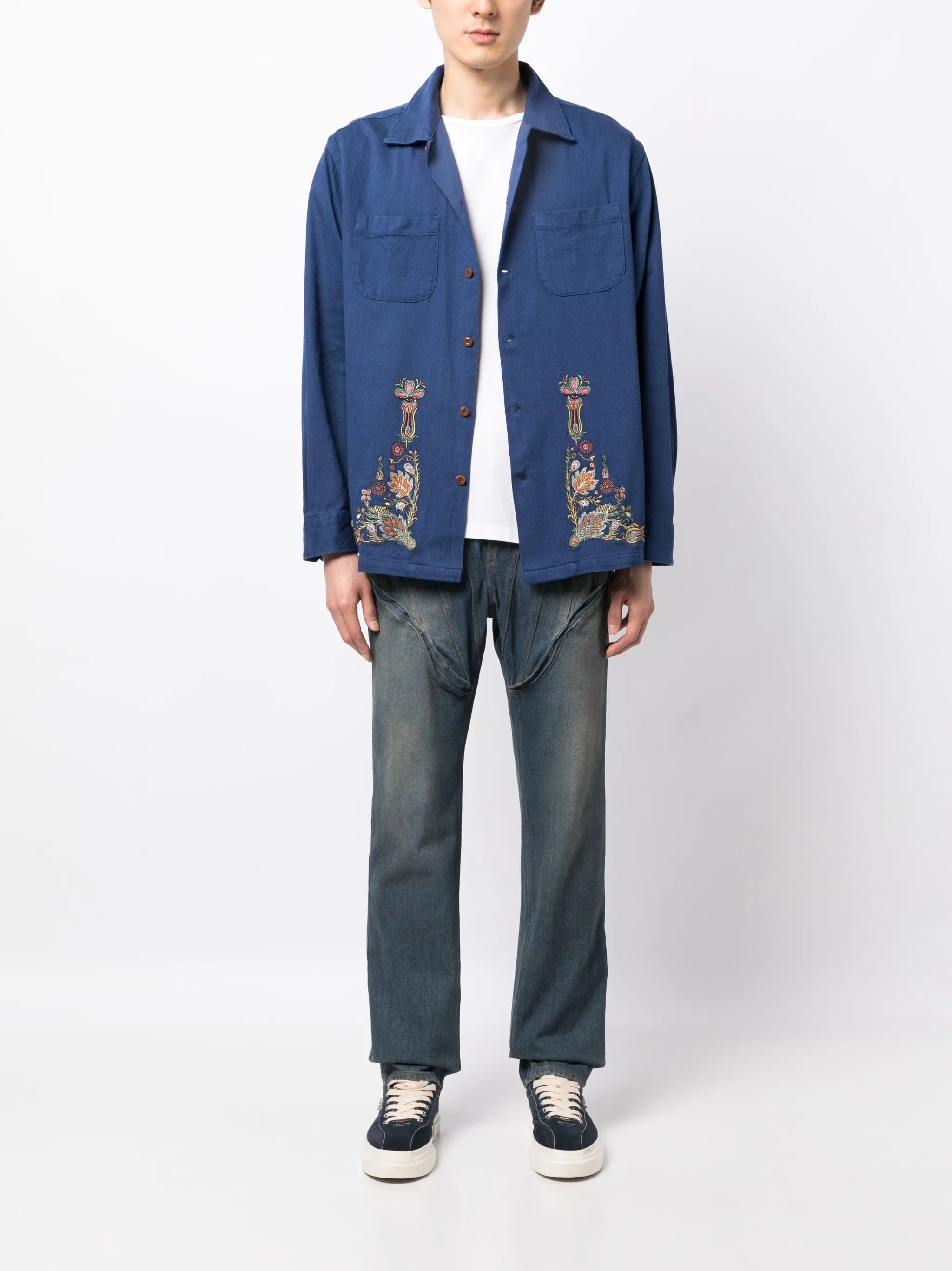 floral-embroidery cotton shirt