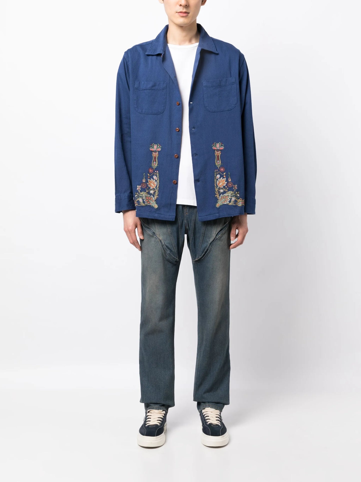 floral-embroidery cotton shirt