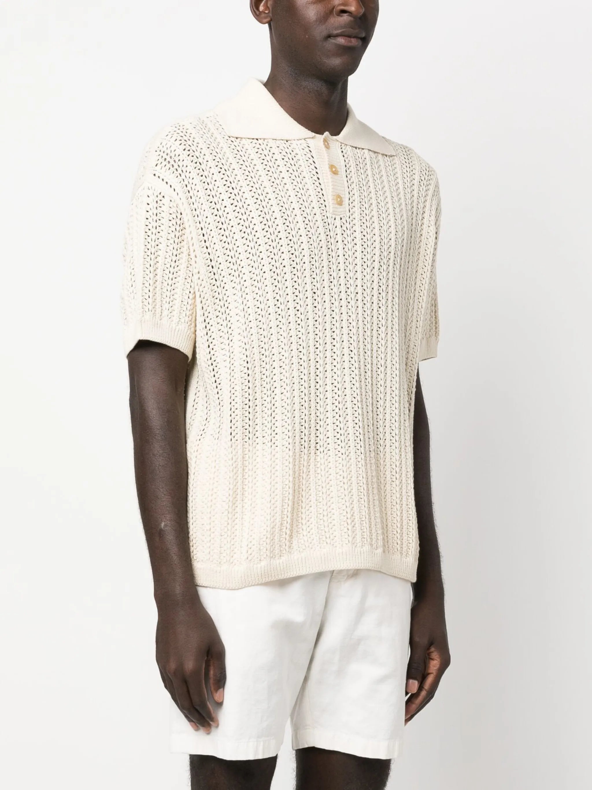 open-knit linen polo shirt