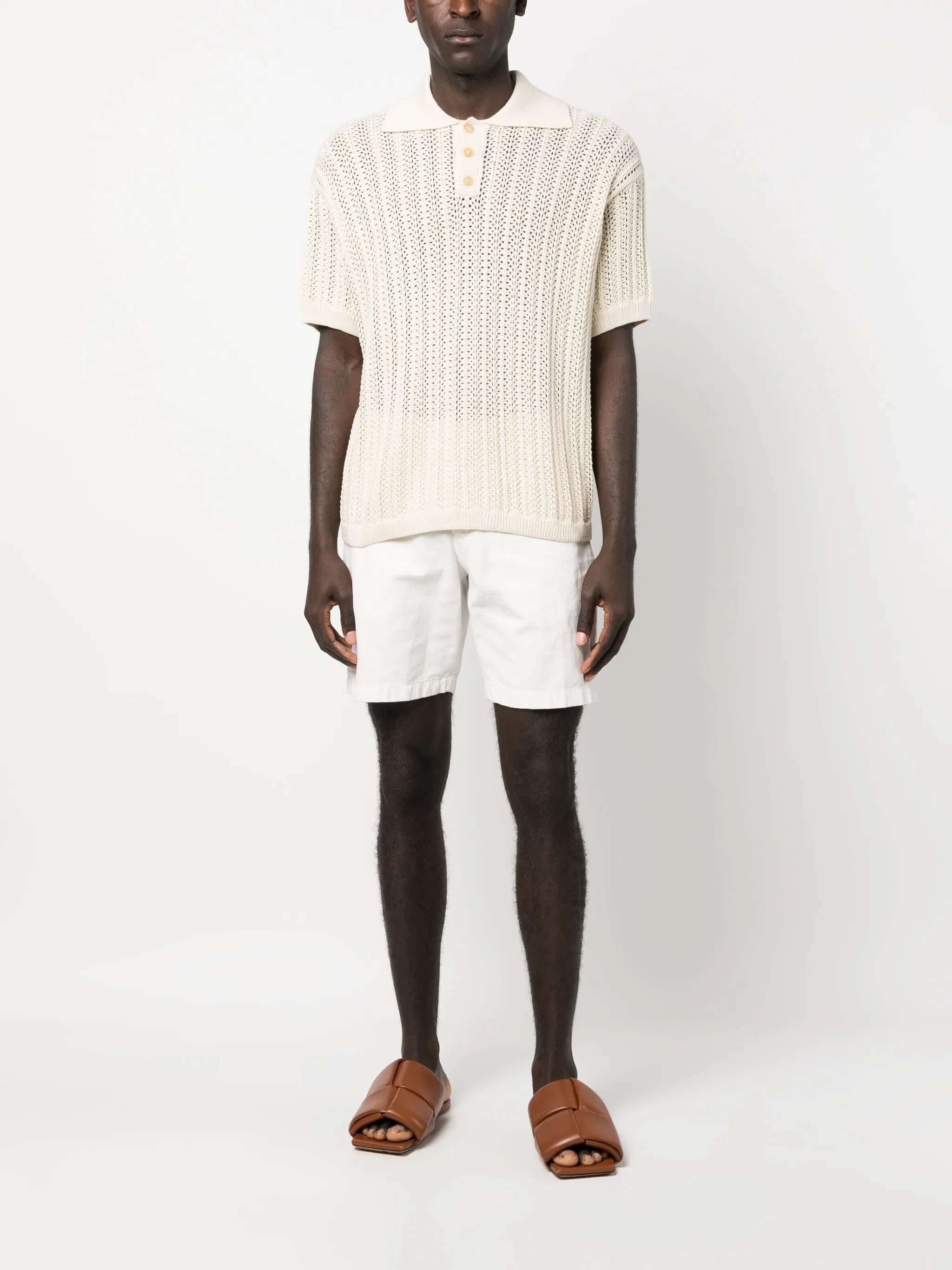 open-knit linen polo shirt