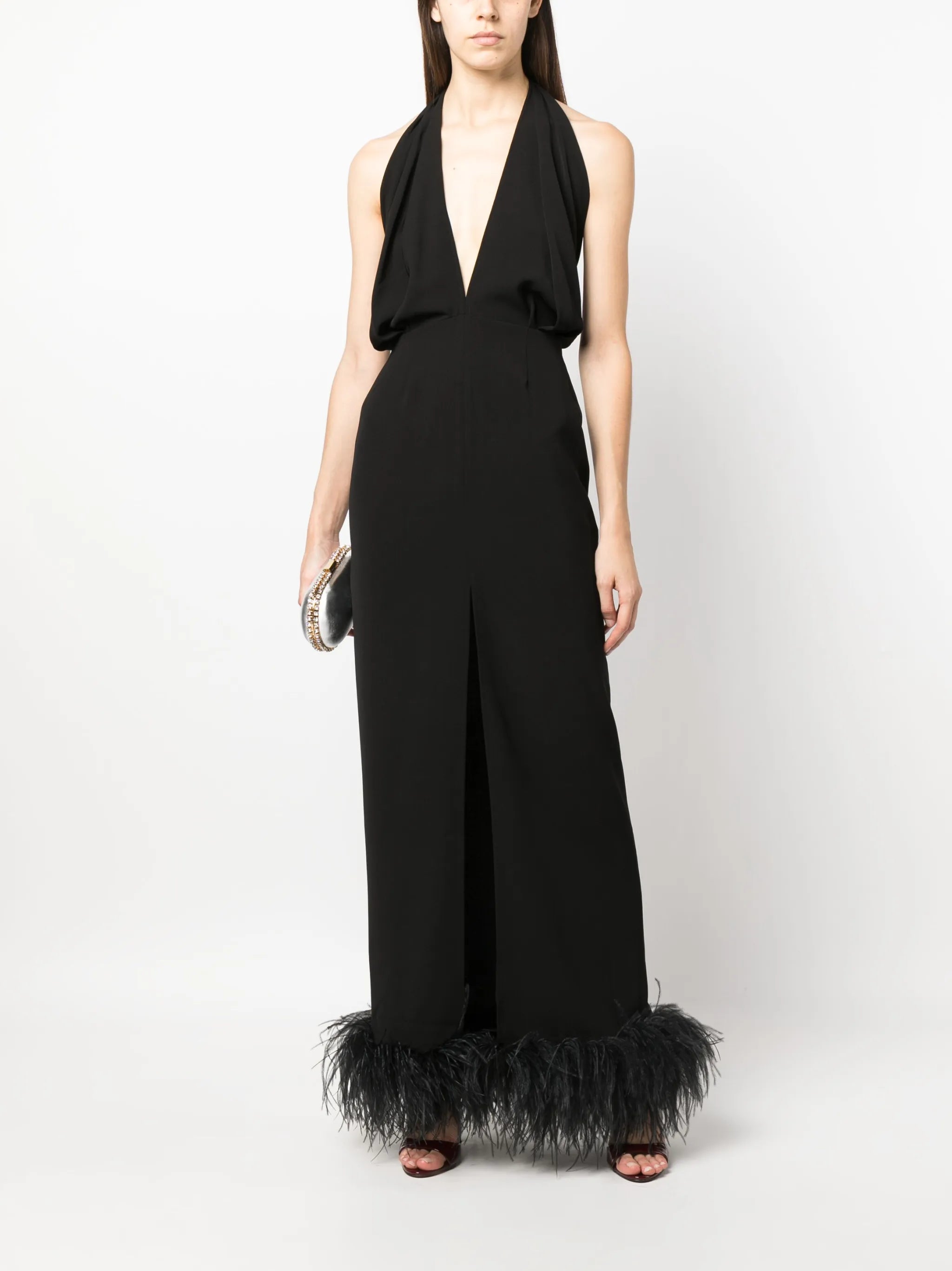 Isolde feather-trim halterneck dress
