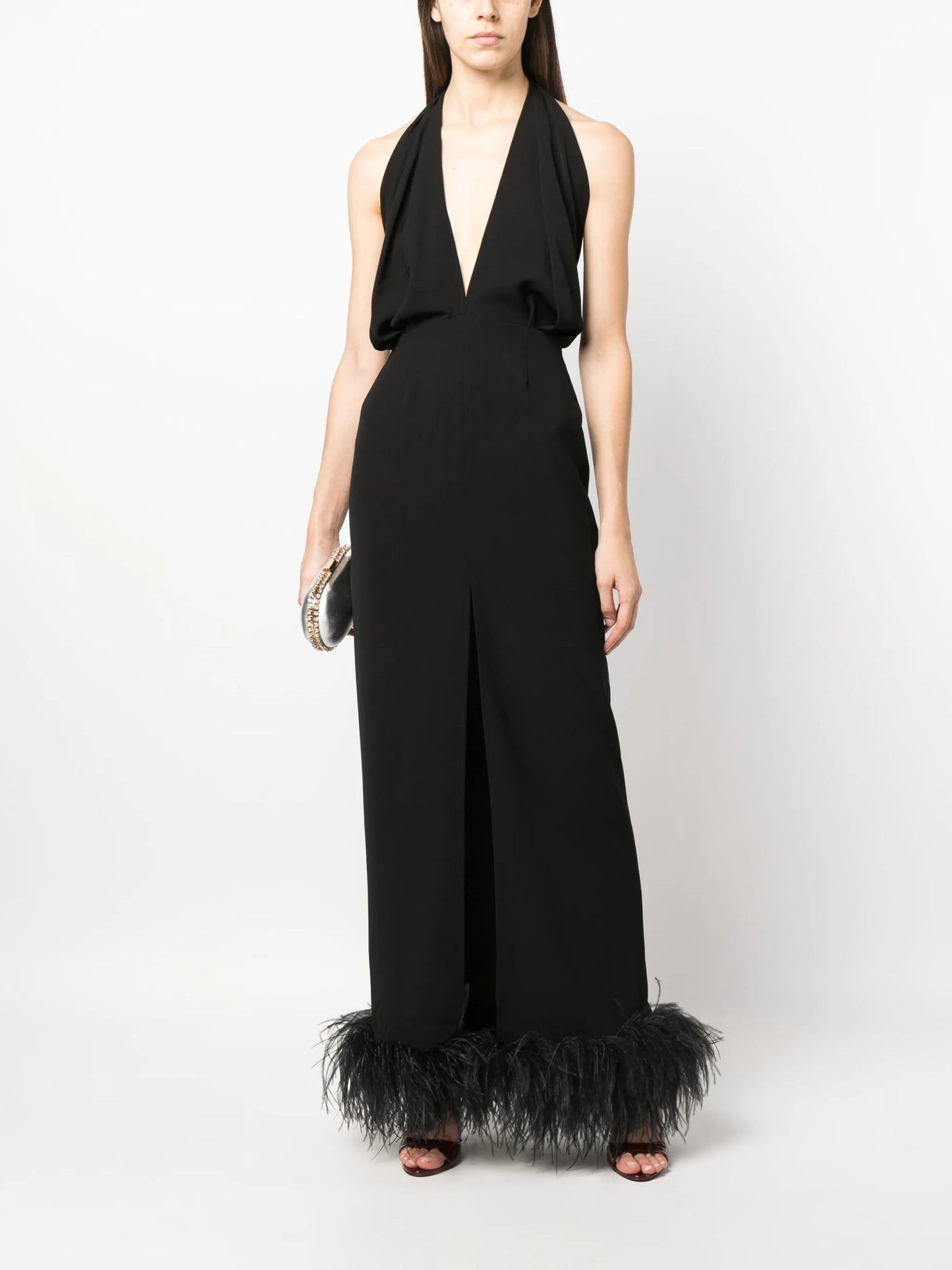 Isolde feather-trim halterneck dress