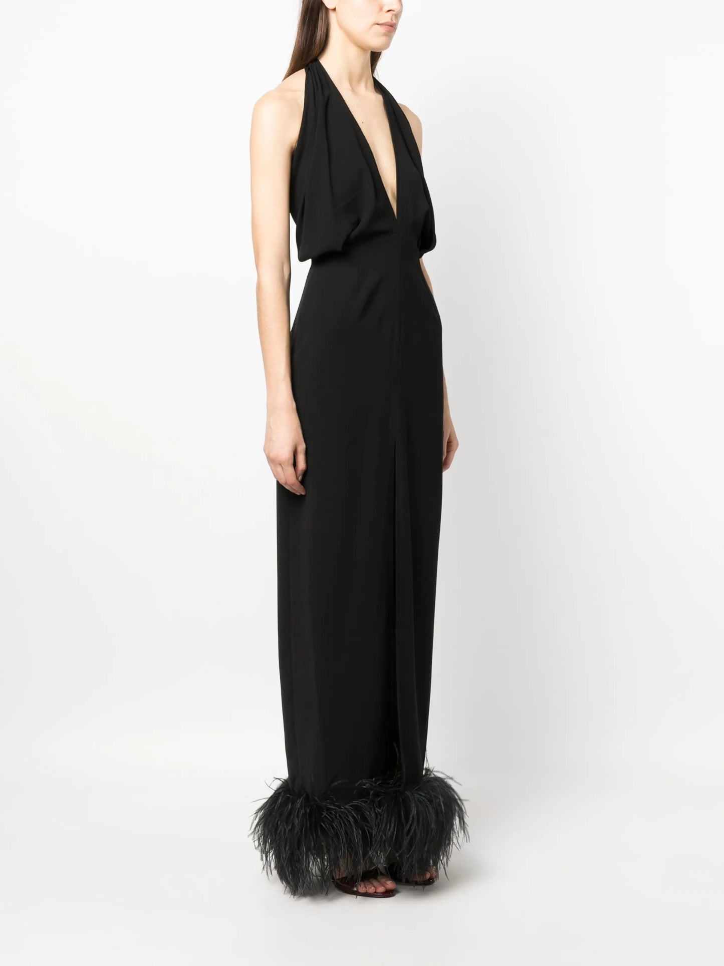 Isolde feather-trim halterneck dress