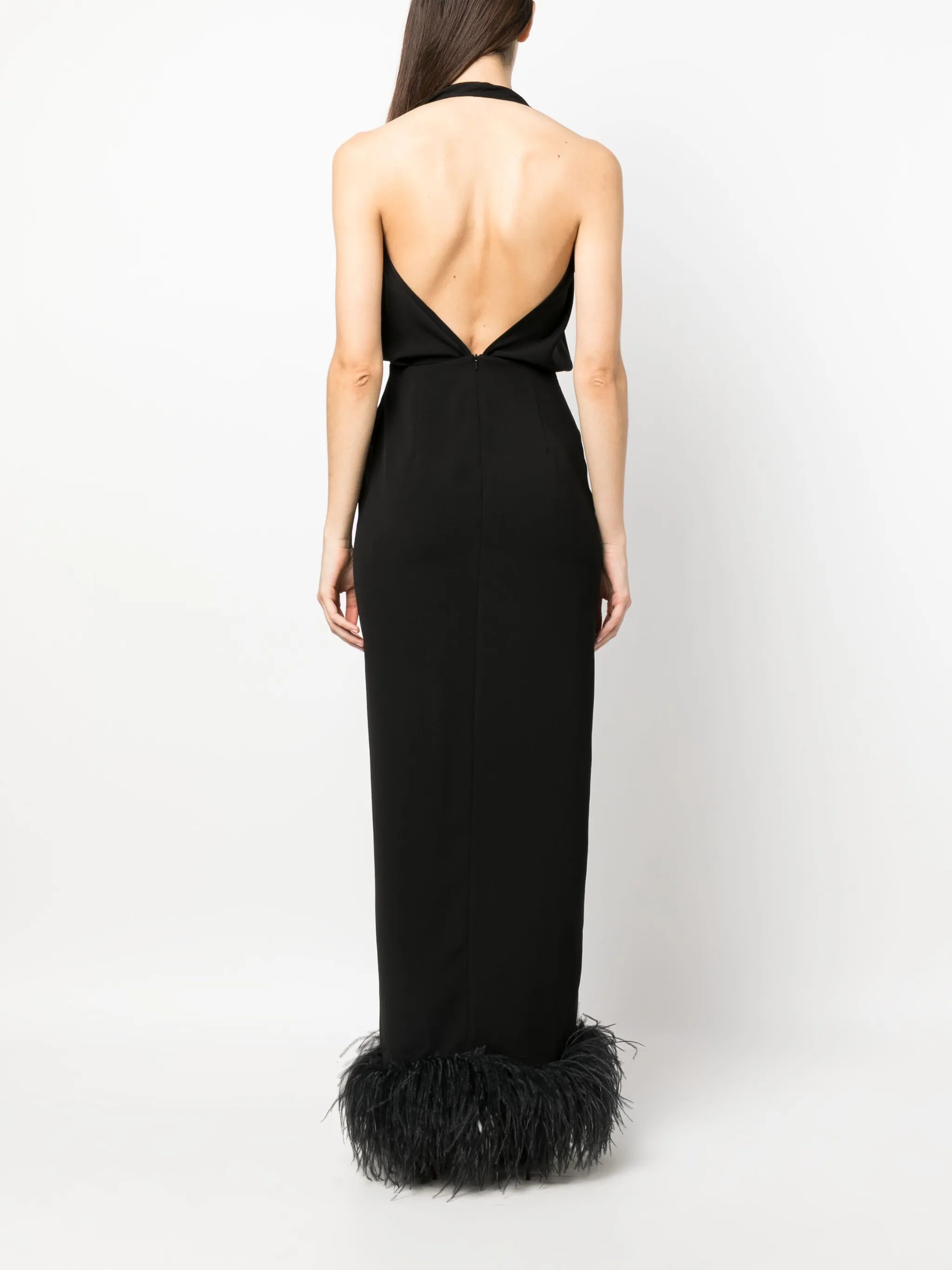 Isolde feather-trim halterneck dress