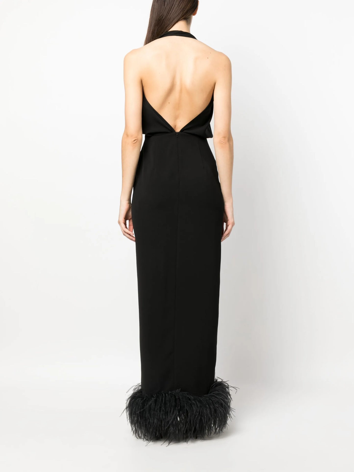 Isolde feather-trim halterneck dress