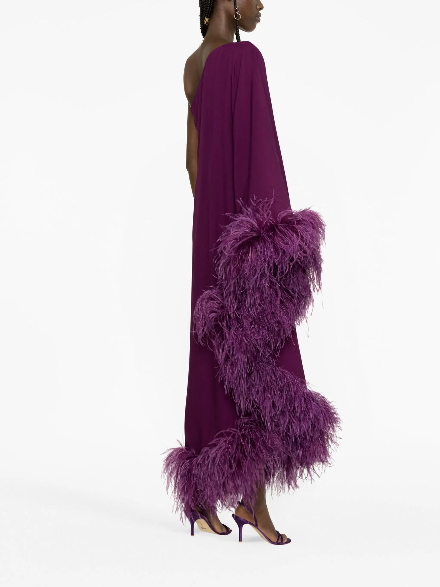 Ubud feather-trim one-shoulder gown