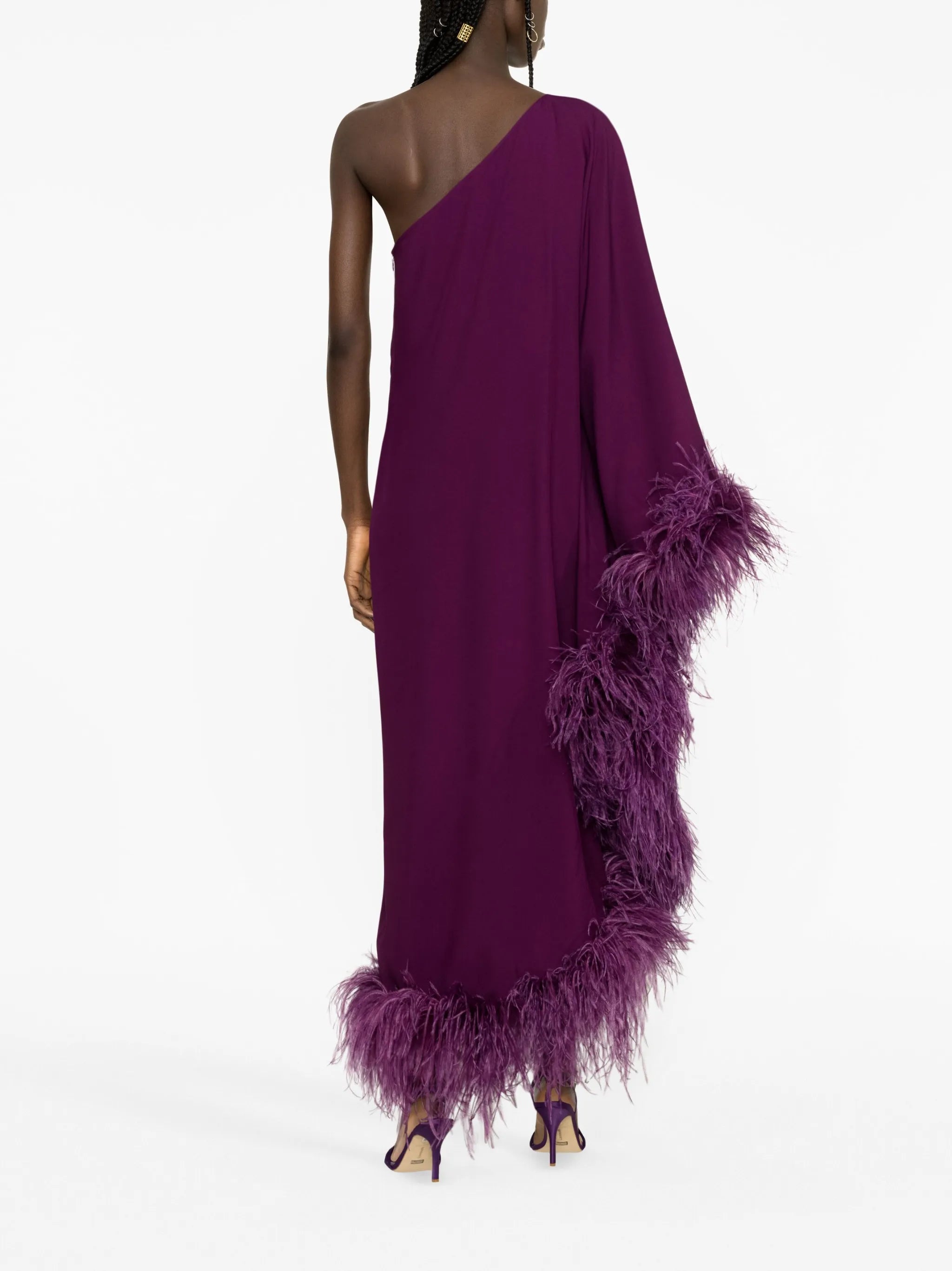 Ubud feather-trim one-shoulder gown