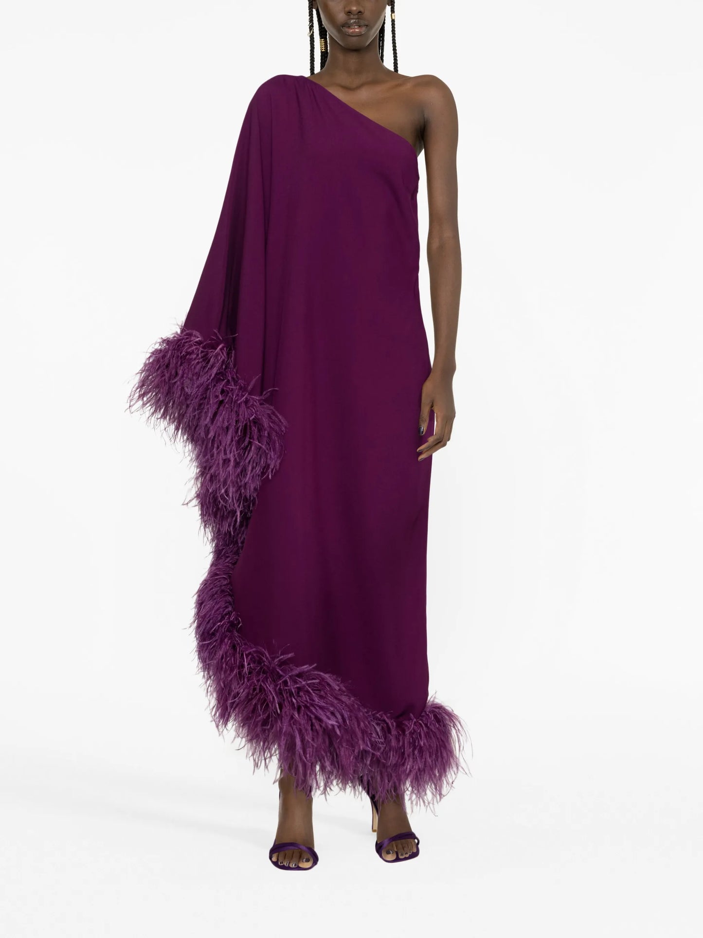 Ubud feather-trim one-shoulder gown