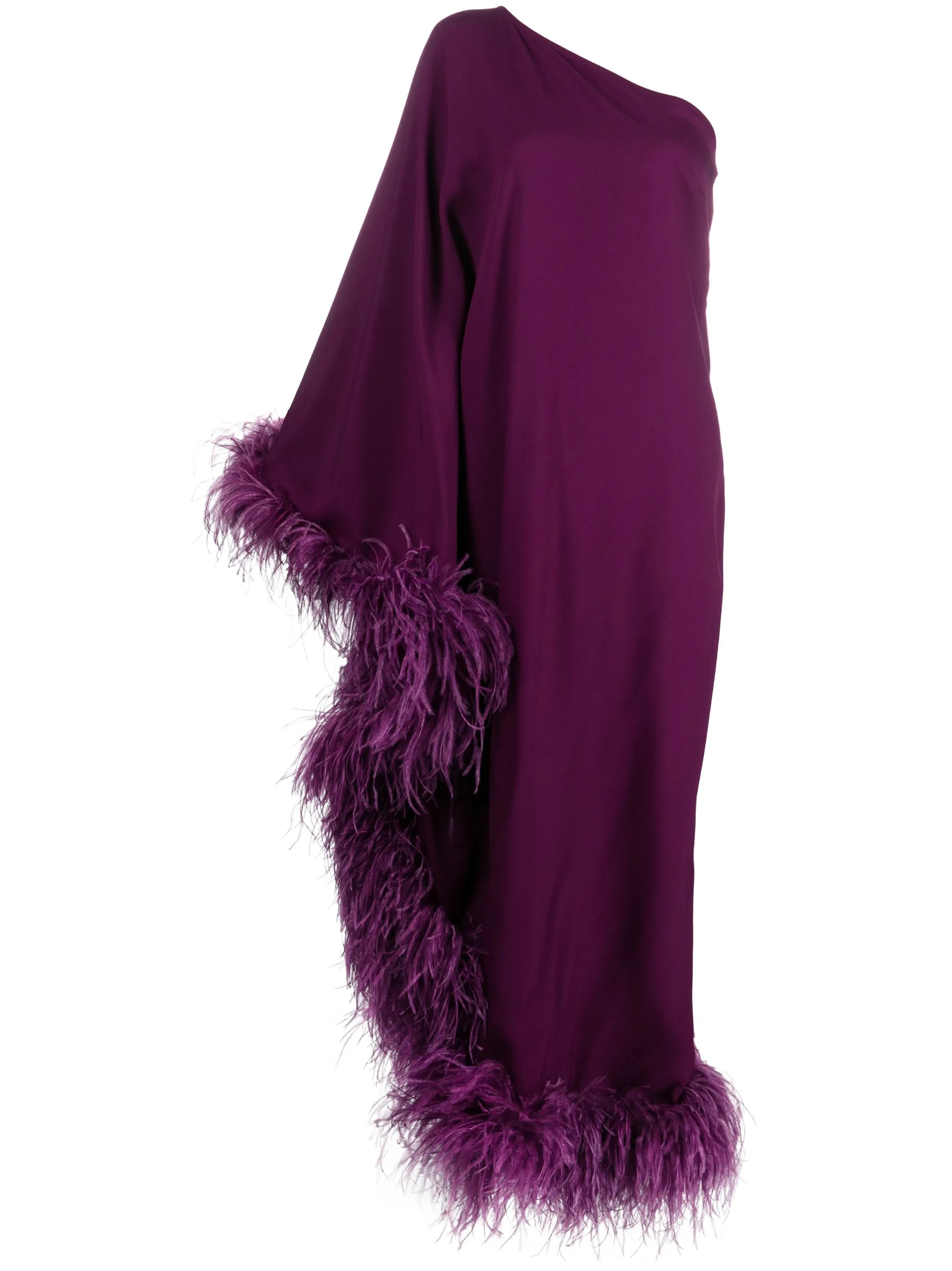 Ubud feather-trim one-shoulder gown