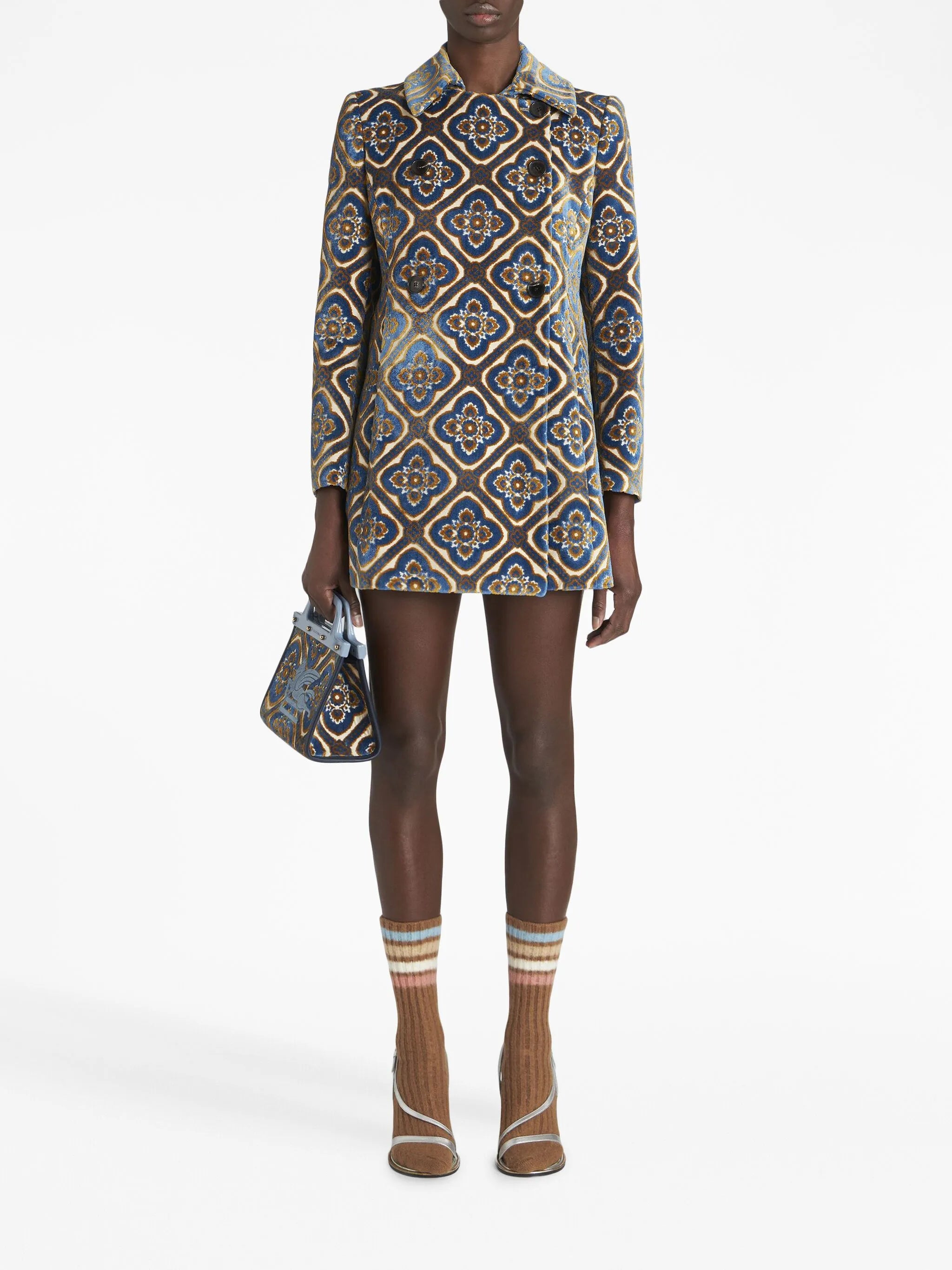floral-jacquard double-breasted coat