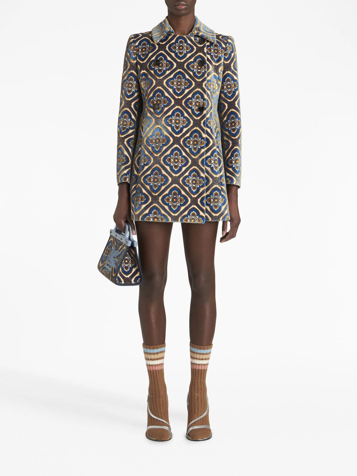 floral-jacquard double-breasted coat