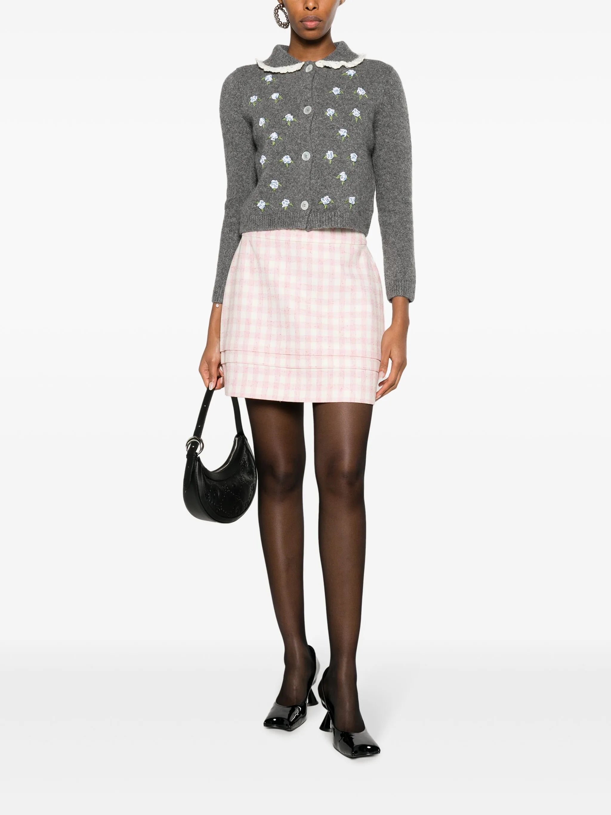floral-embroidered ruffle-collar cardigan