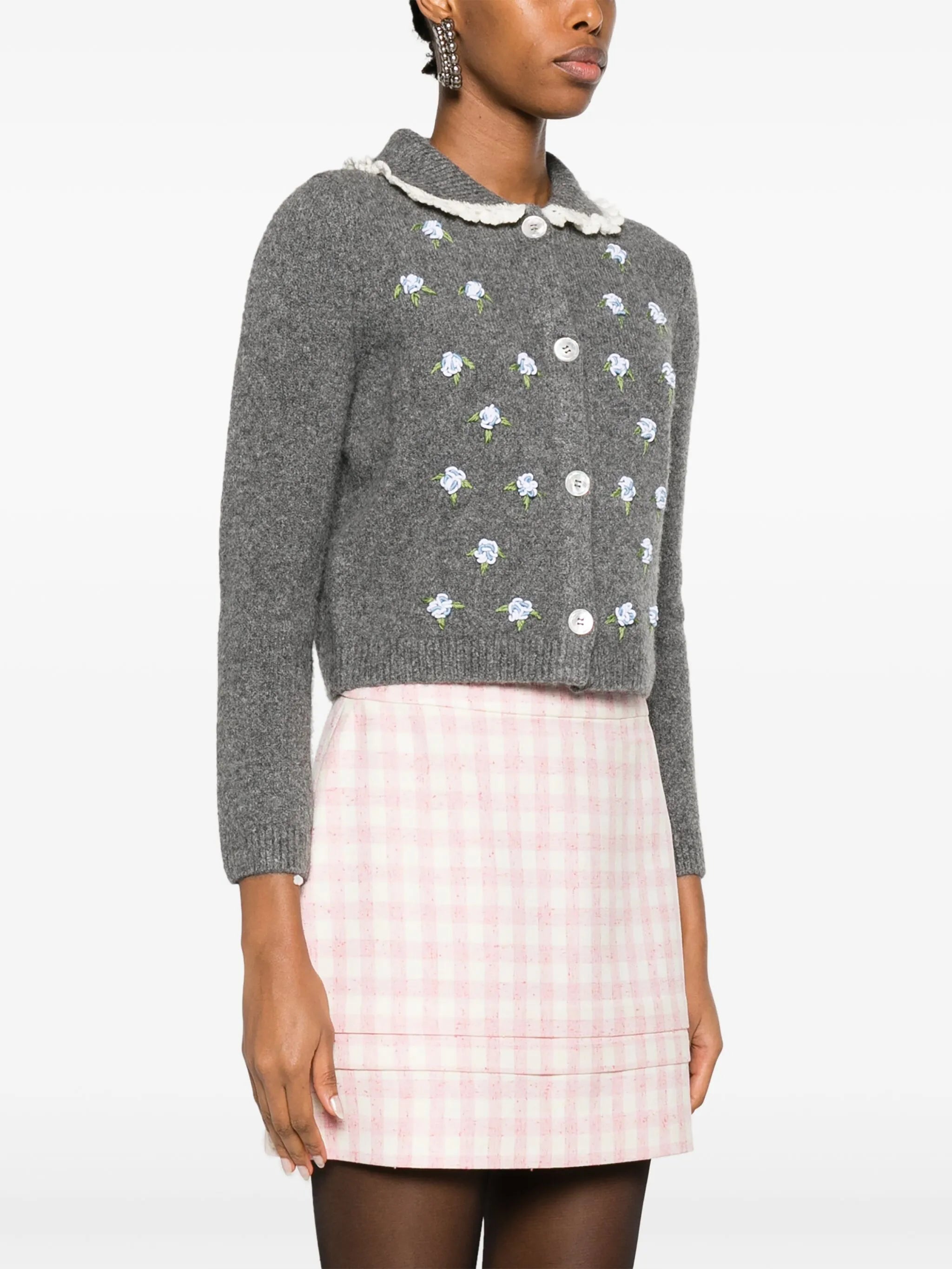 floral-embroidered ruffle-collar cardigan