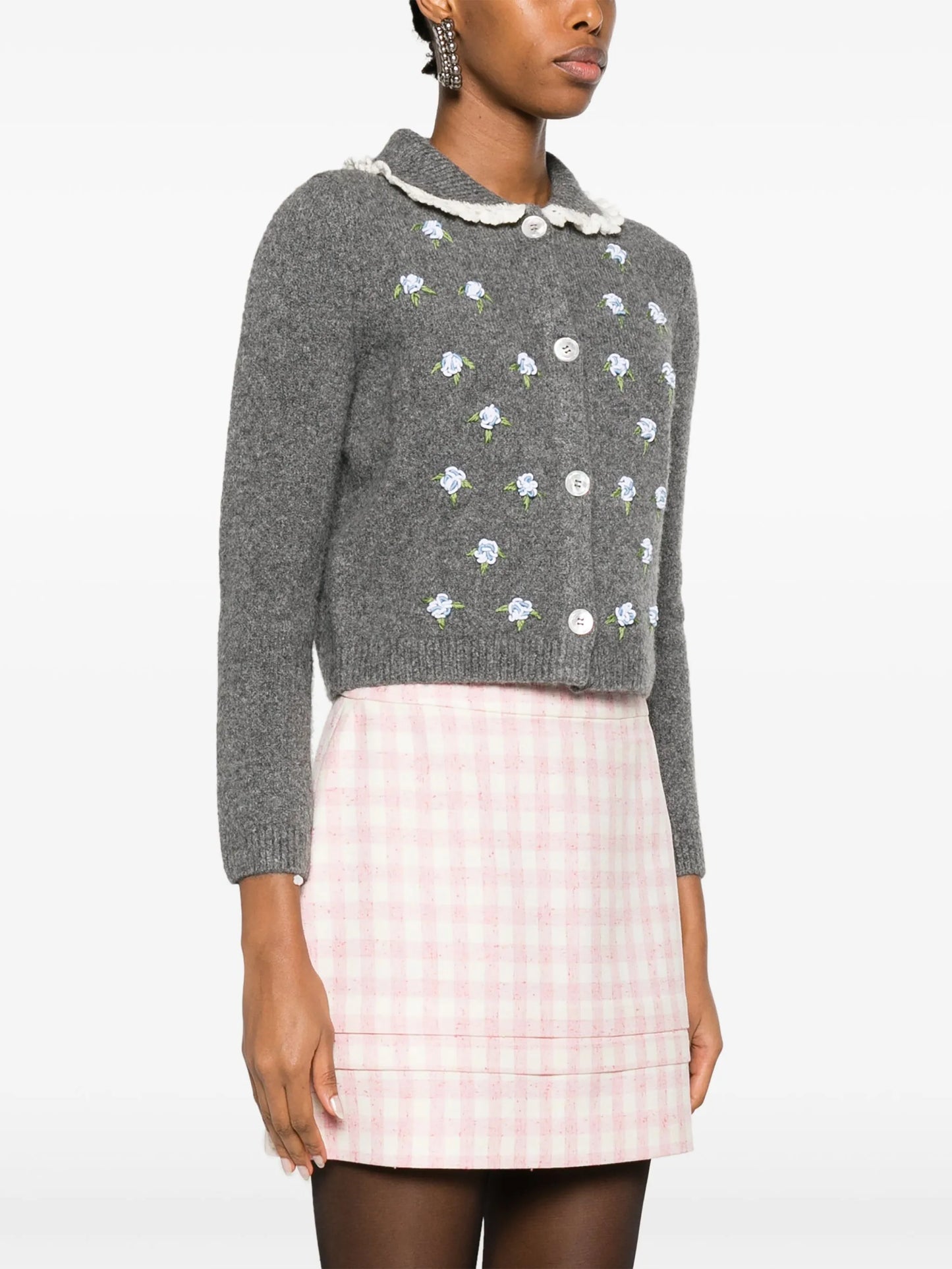floral-embroidered ruffle-collar cardigan
