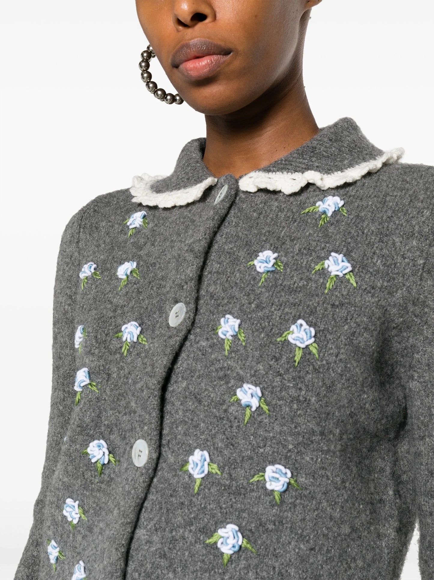 floral-embroidered ruffle-collar cardigan