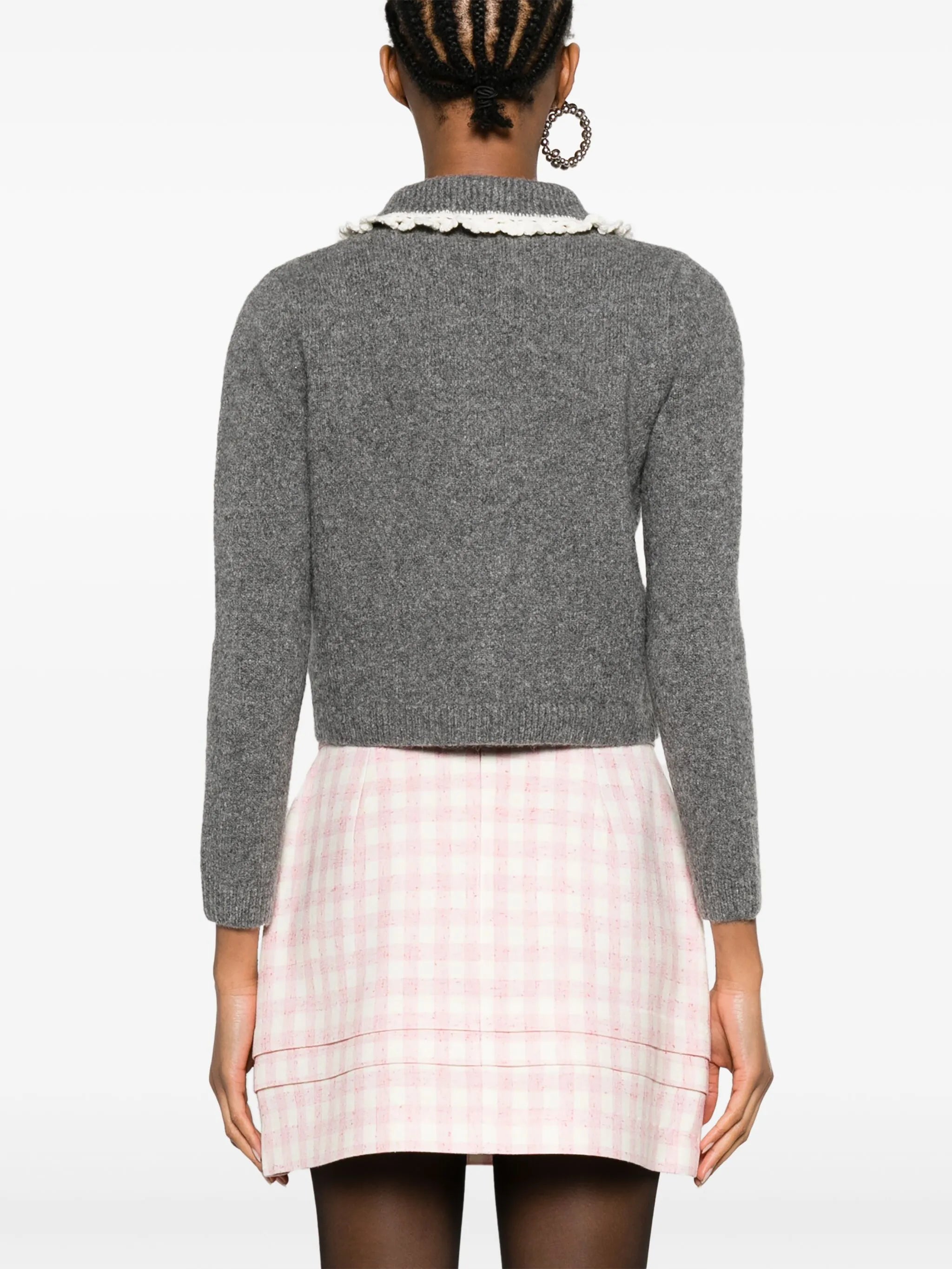 floral-embroidered ruffle-collar cardigan