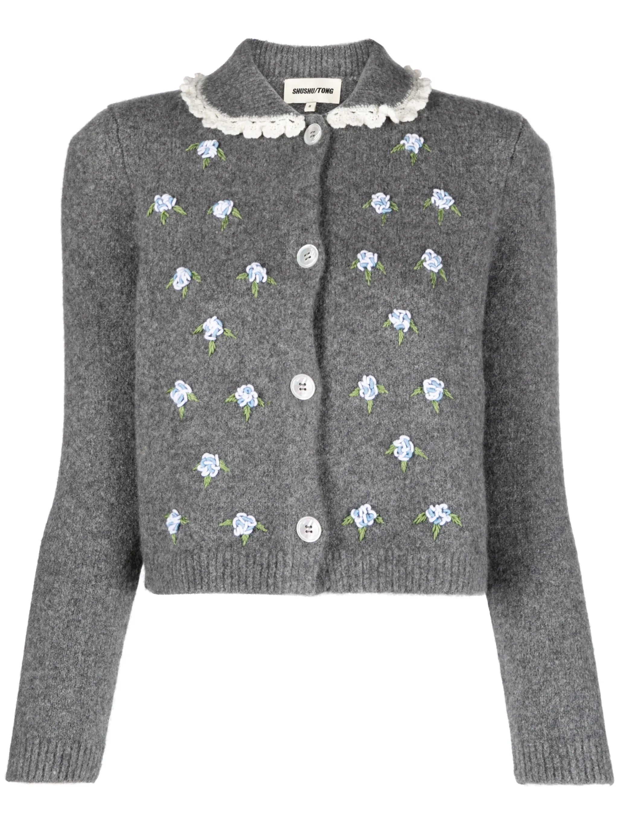 floral-embroidered ruffle-collar cardigan