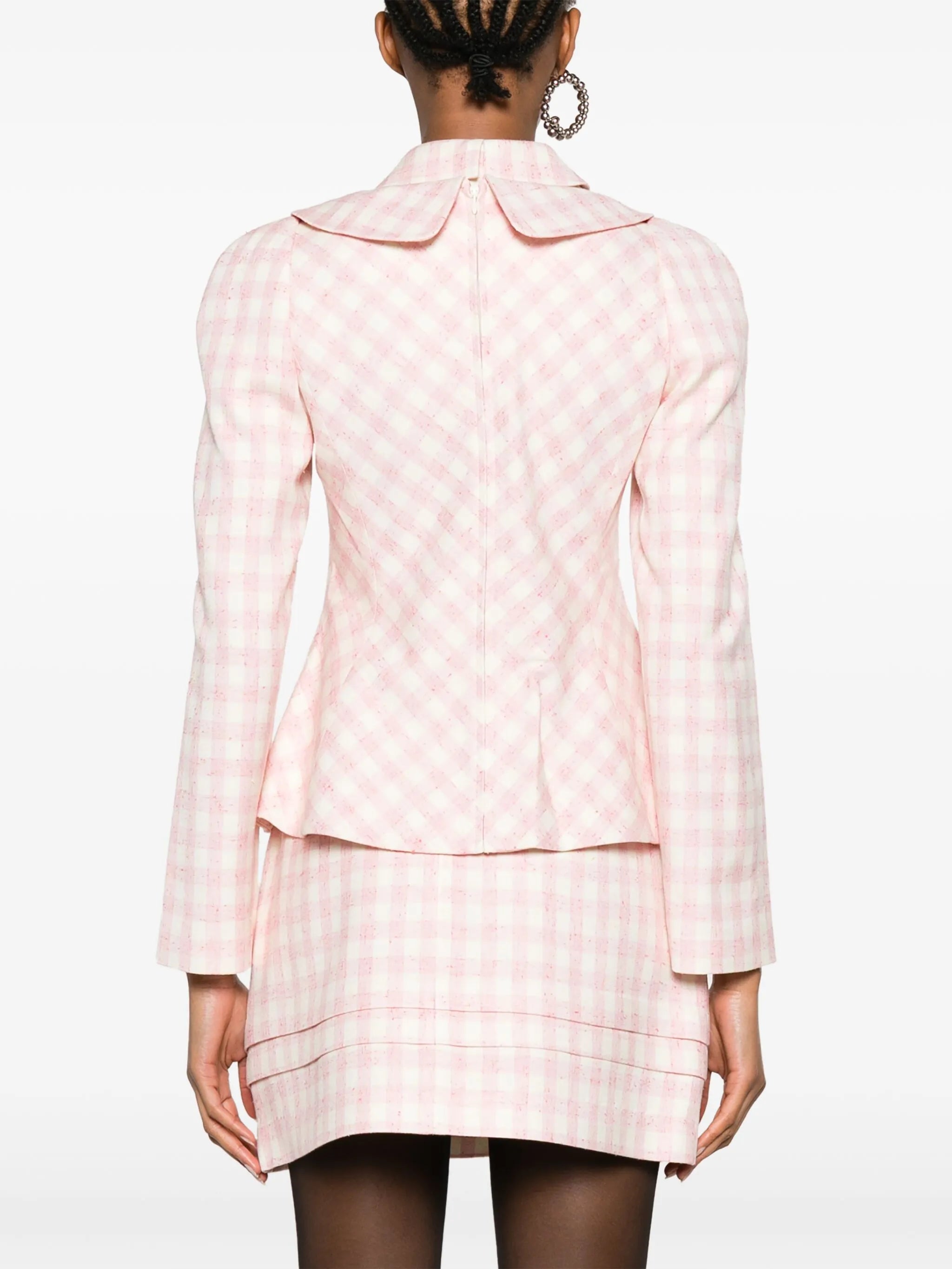double-collar checkerboard-print blouse