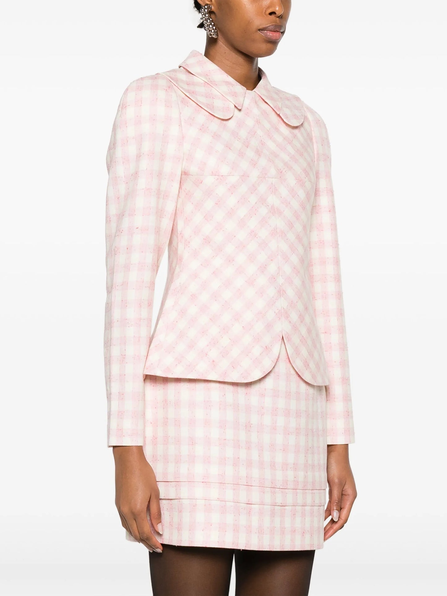 double-collar checkerboard-print blouse