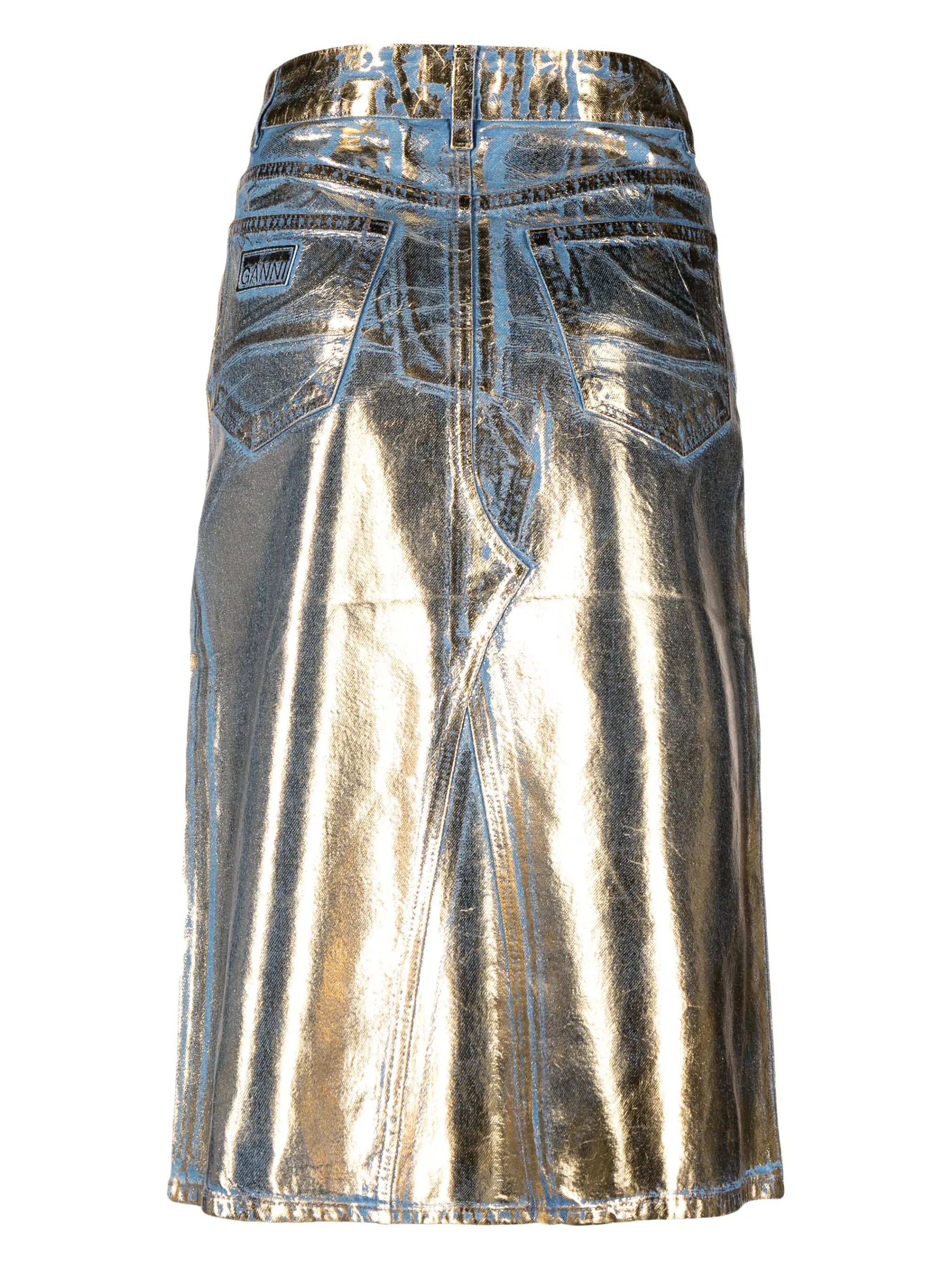 metallic-finish denim midi skirt