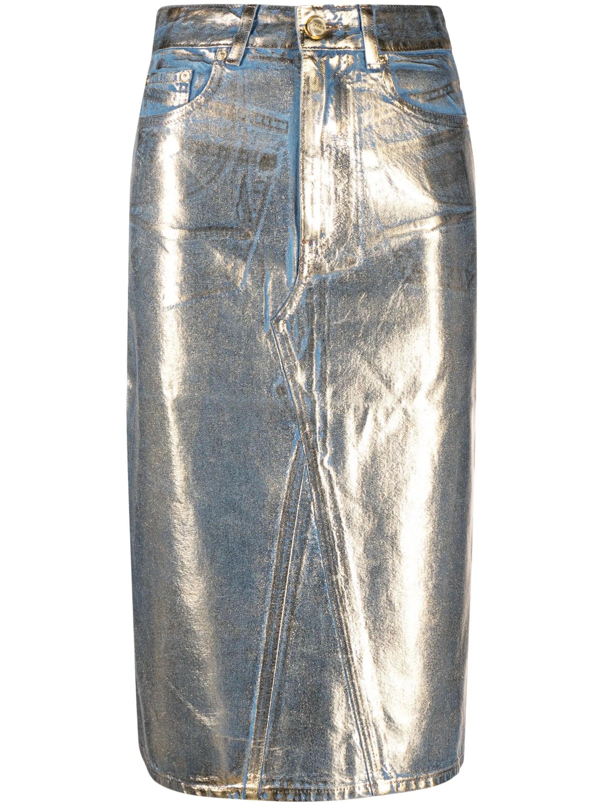 metallic-finish denim midi skirt
