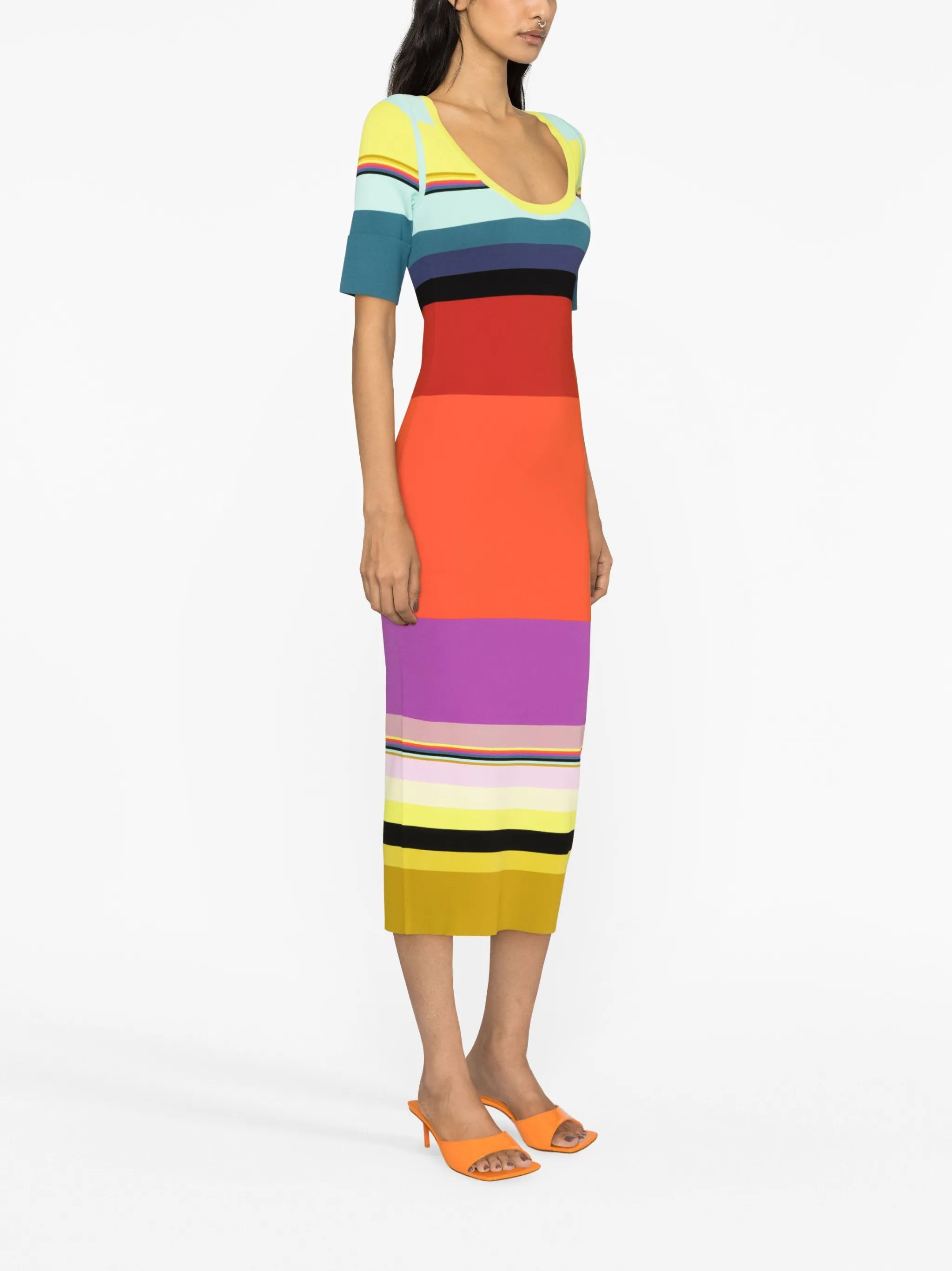 striped stretch-knit midi dress