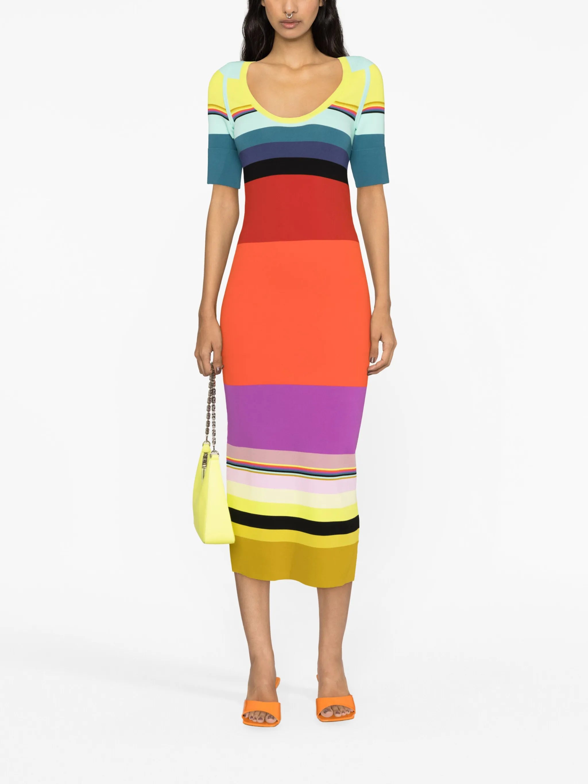 striped stretch-knit midi dress