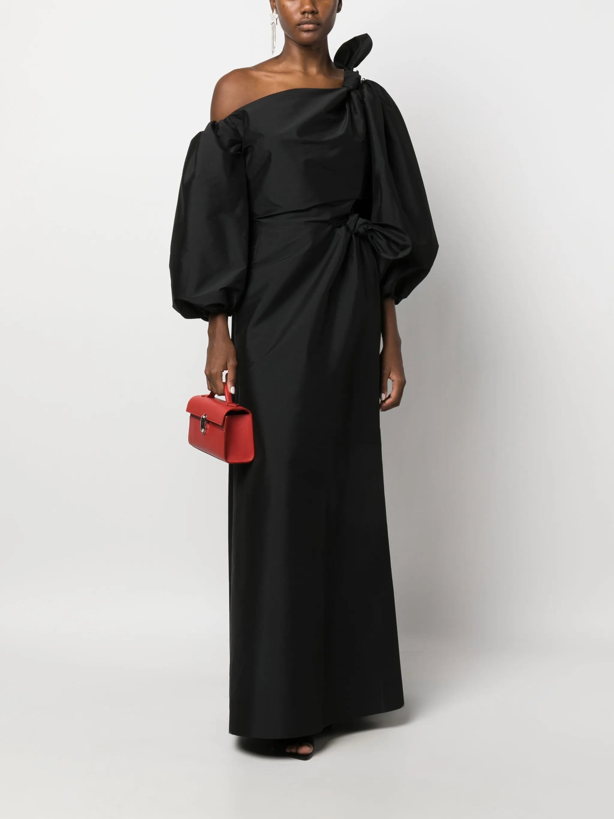 puff-sleeve asymmetric long dress