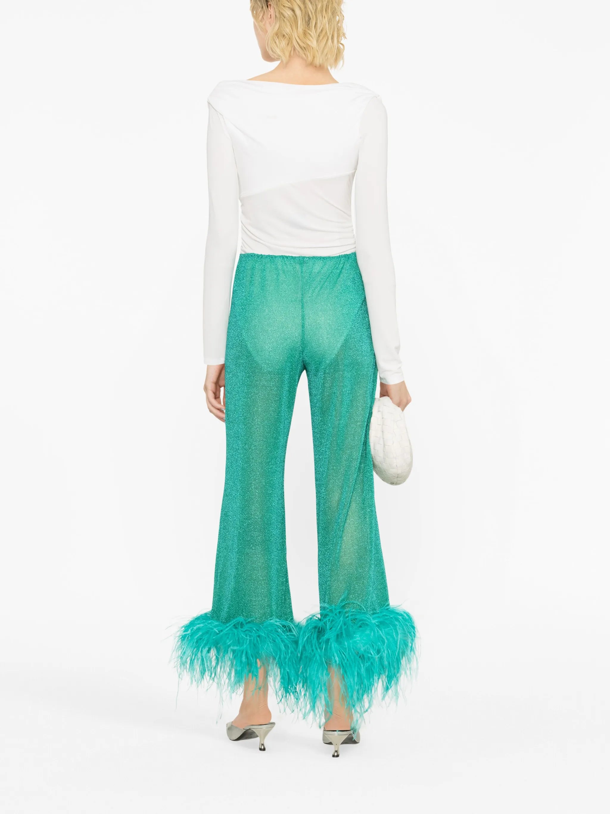 feather-trim metallic trousers