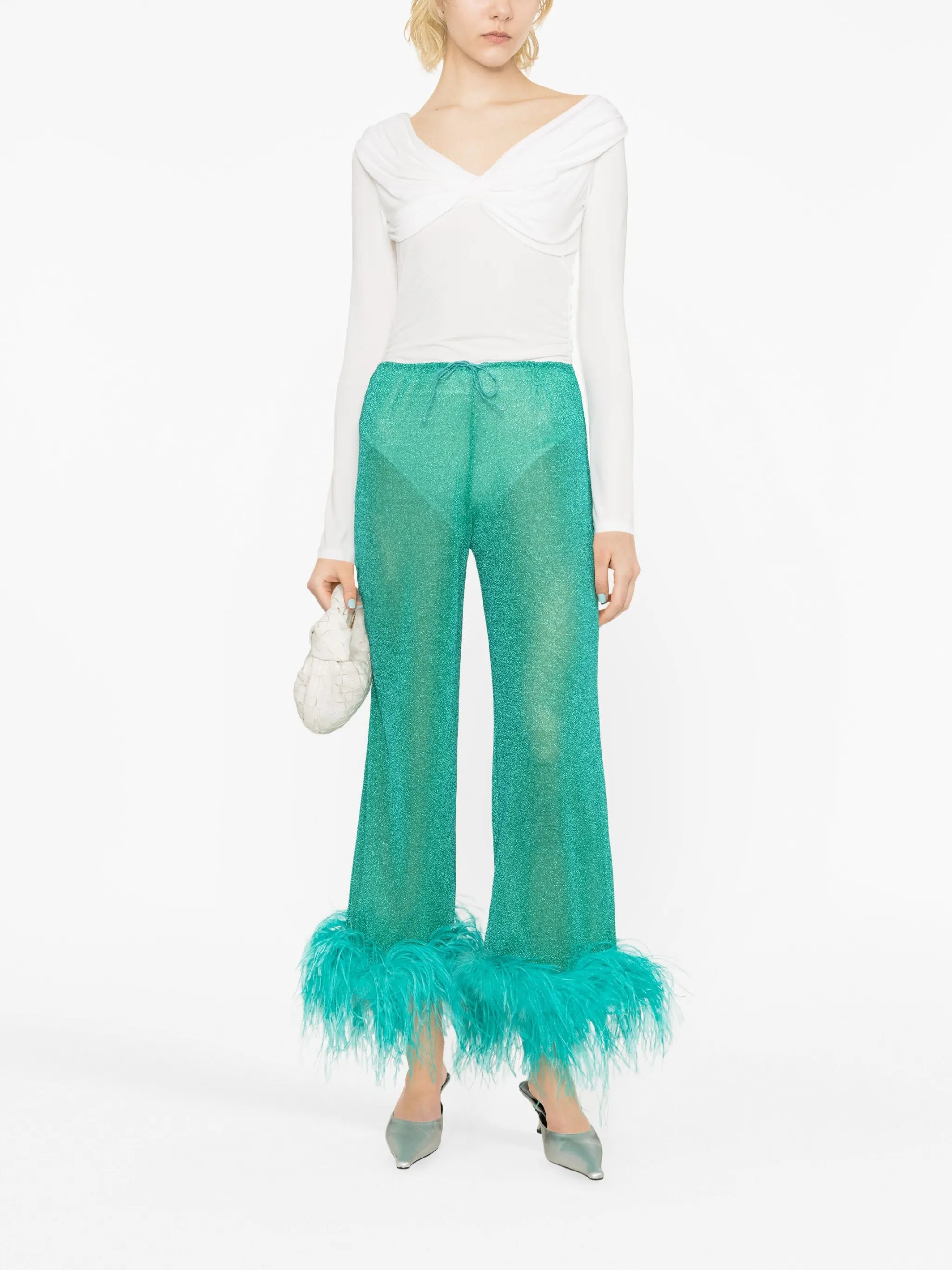 feather-trim metallic trousers