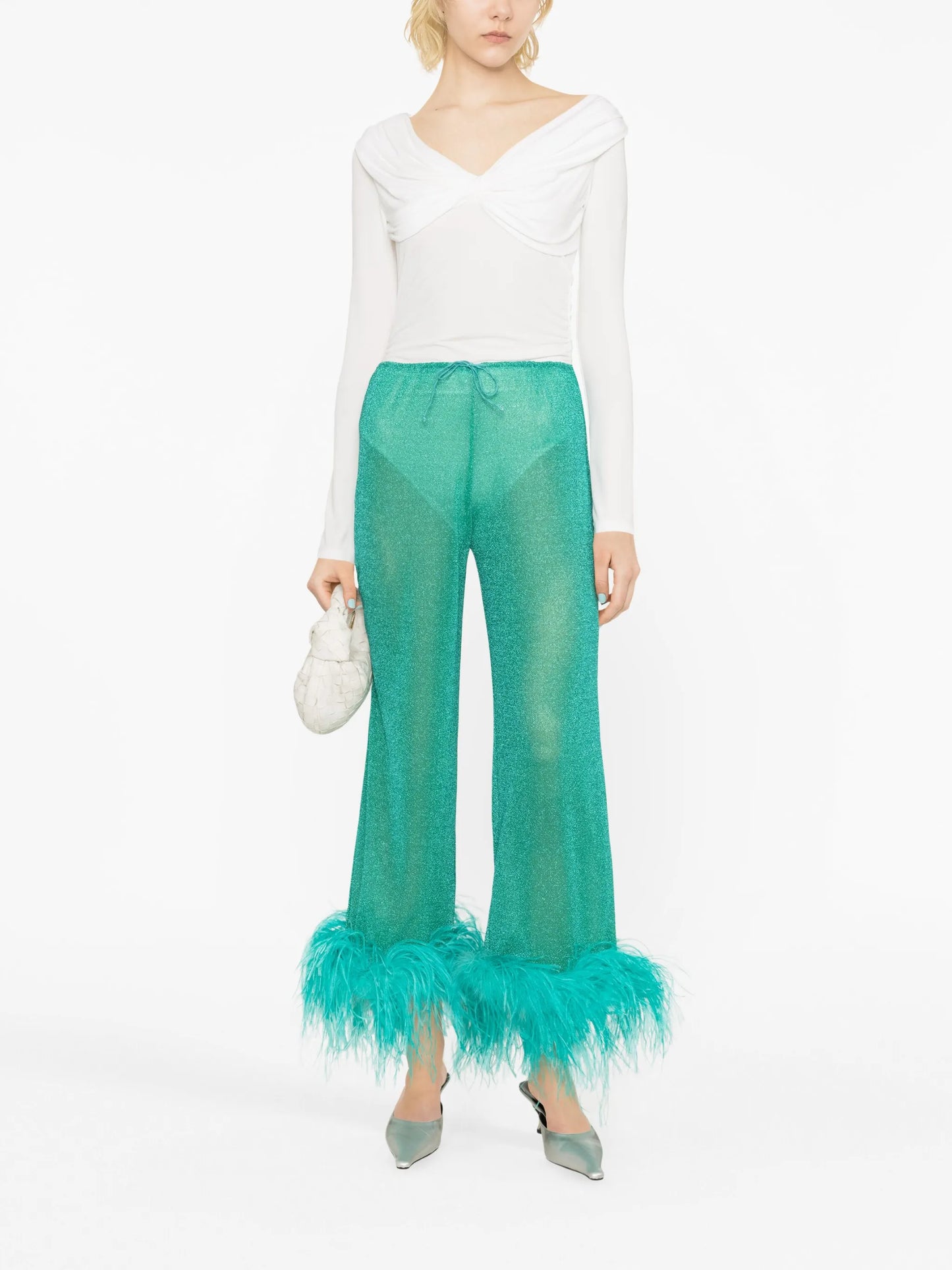 feather-trim metallic trousers