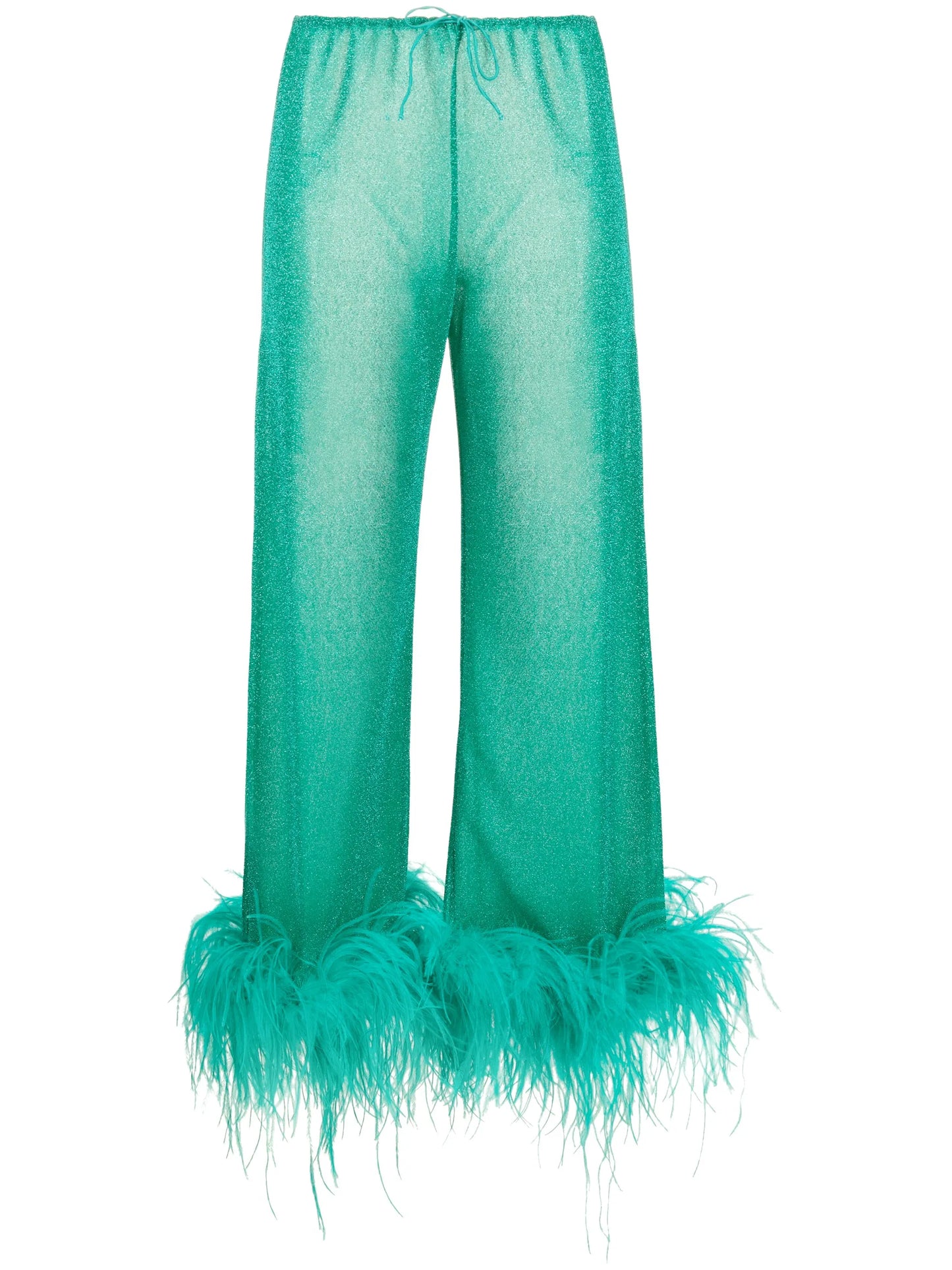 feather-trim metallic trousers