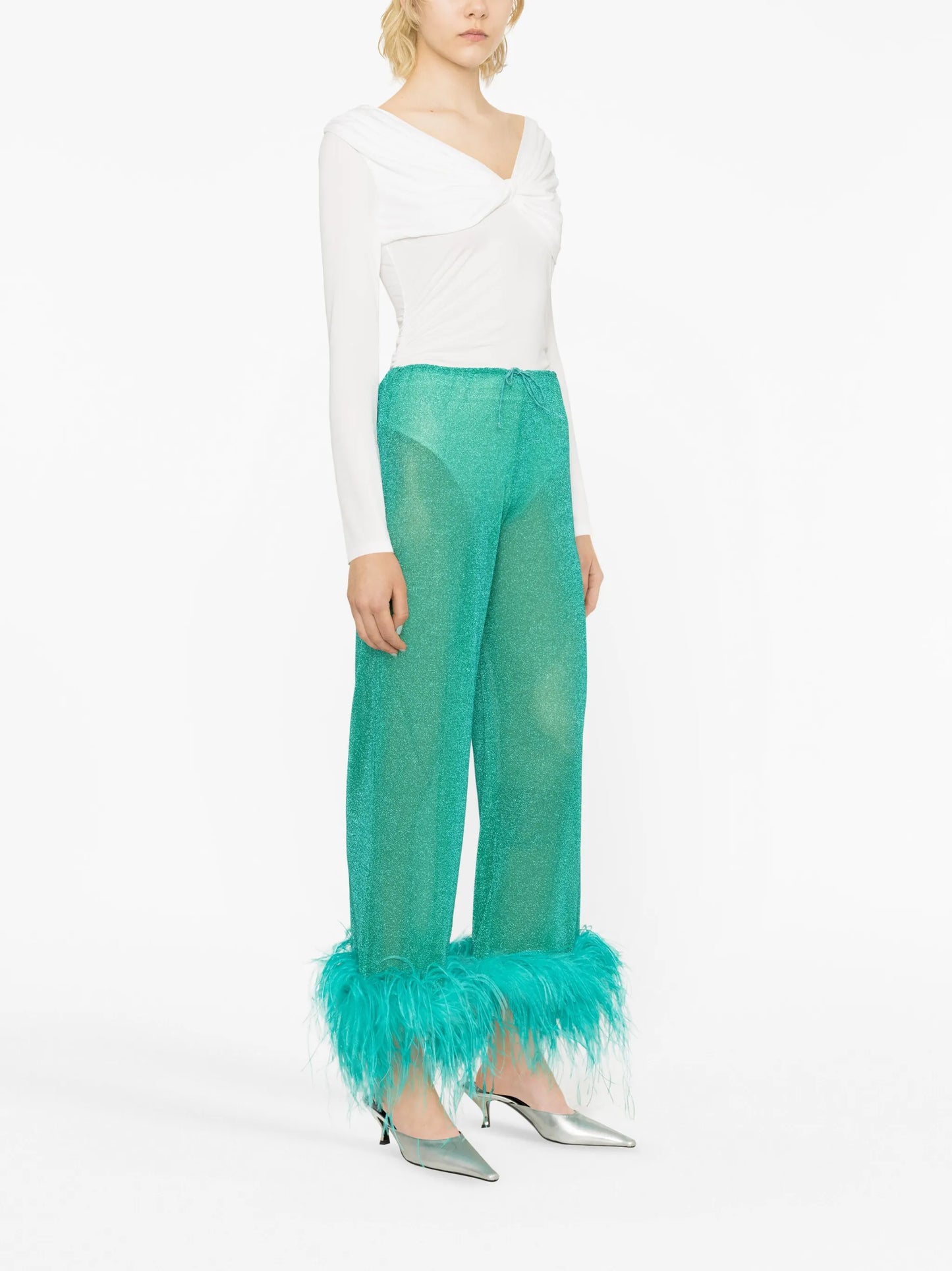 feather-trim metallic trousers