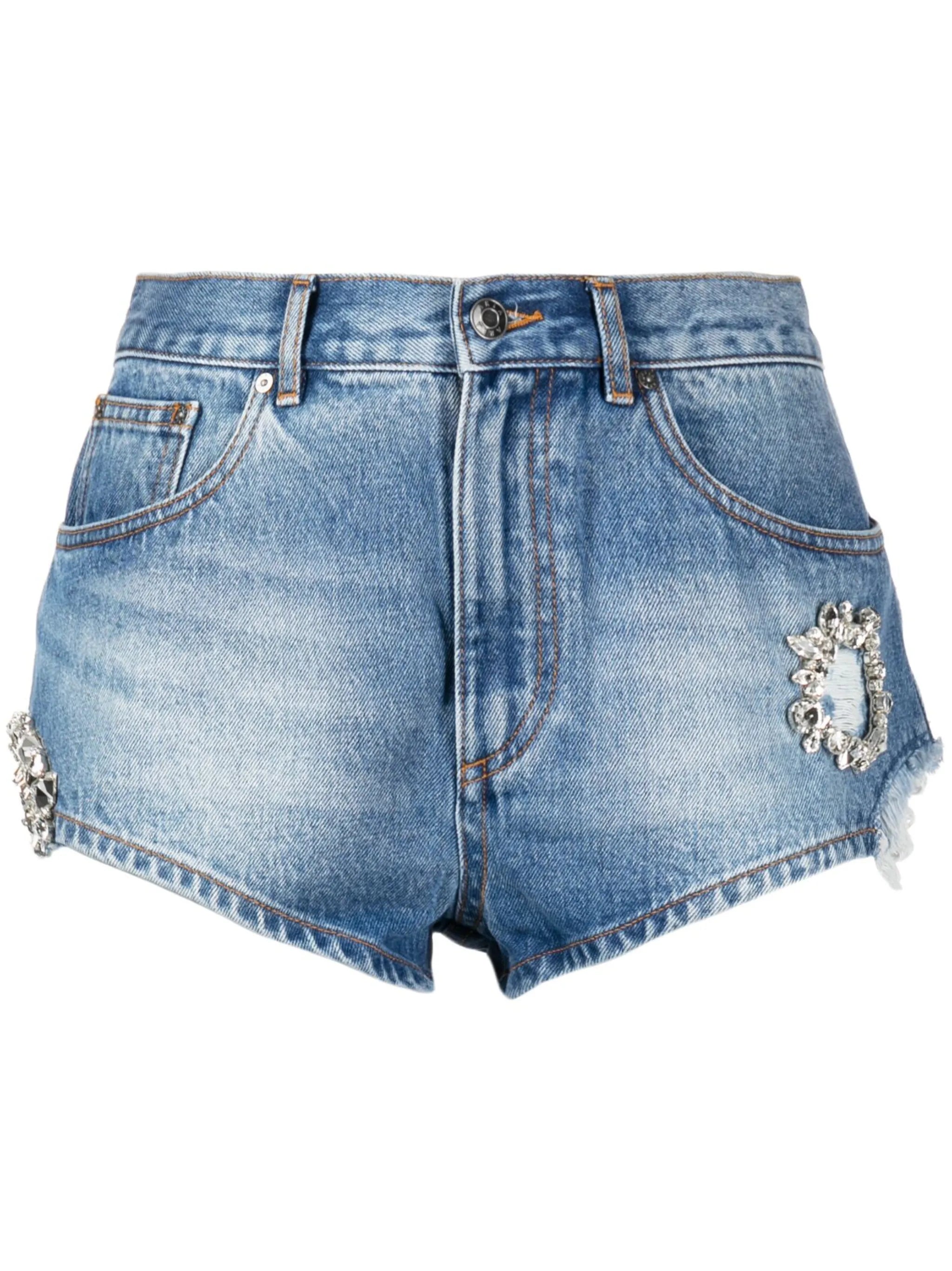 crystal-embellished denim mini shorts