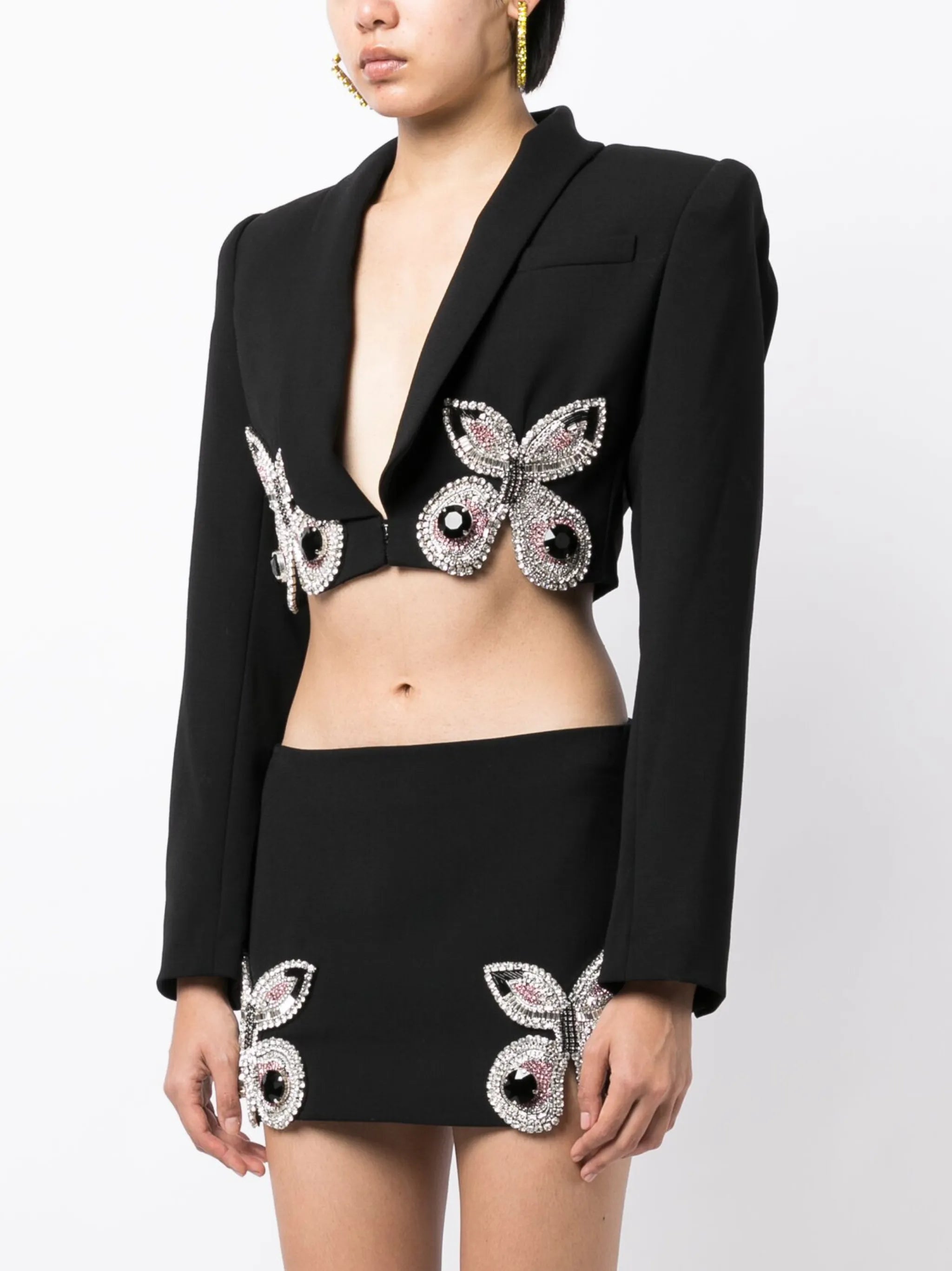 butterfly-embroidered cropped blazer