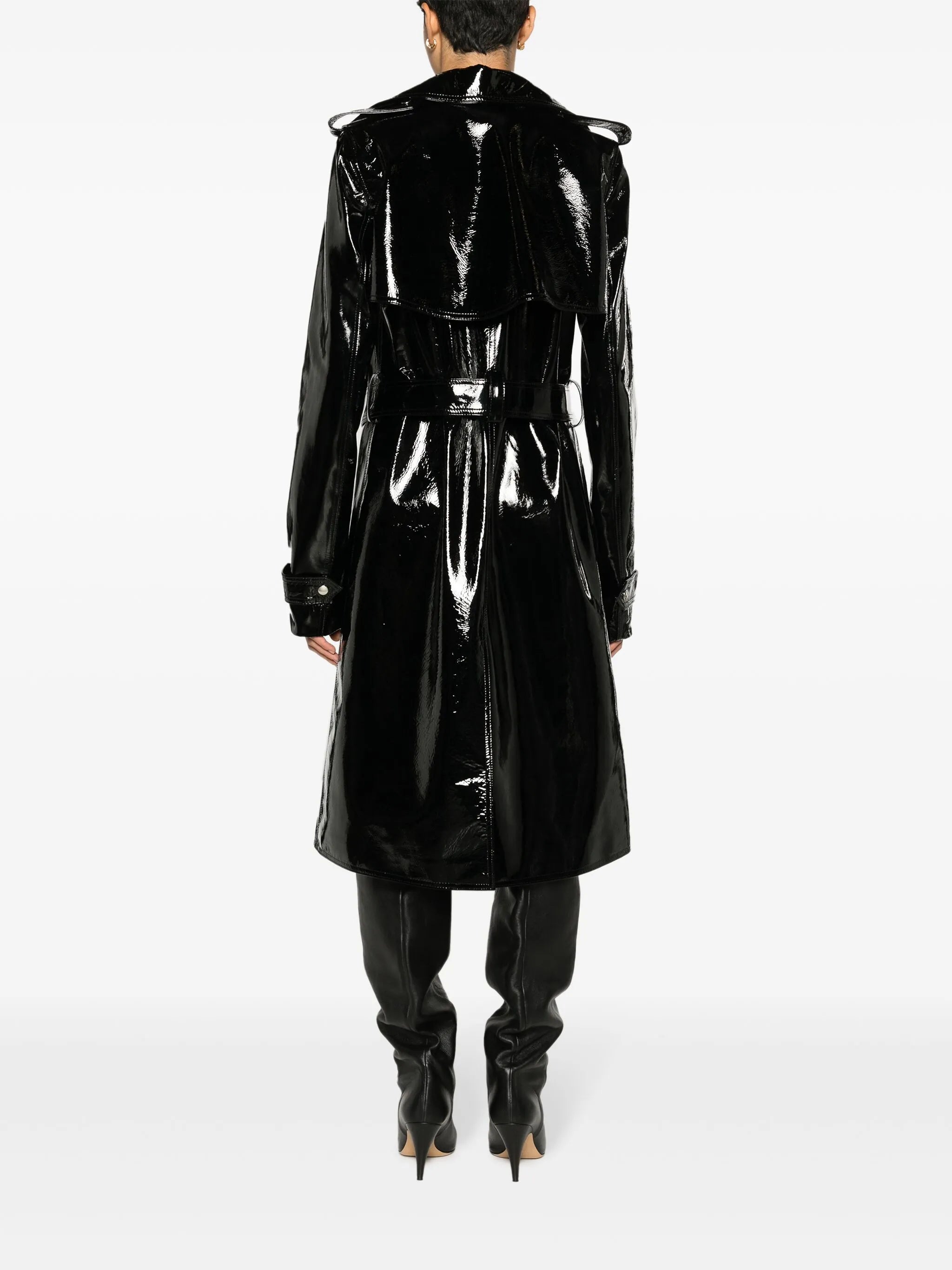coated-finish leather trench coat
