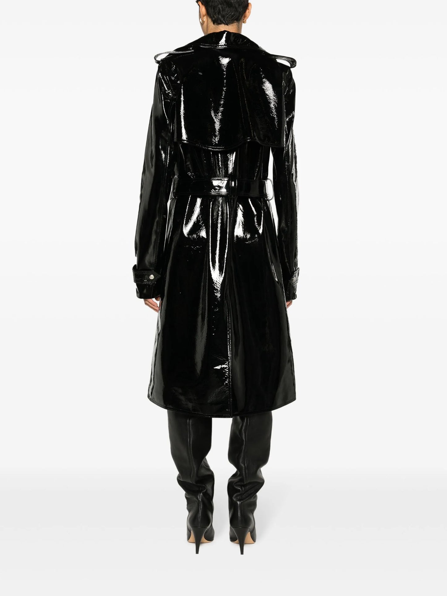 coated-finish leather trench coat