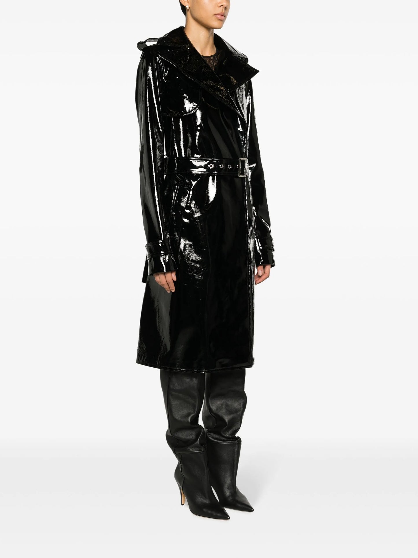 coated-finish leather trench coat