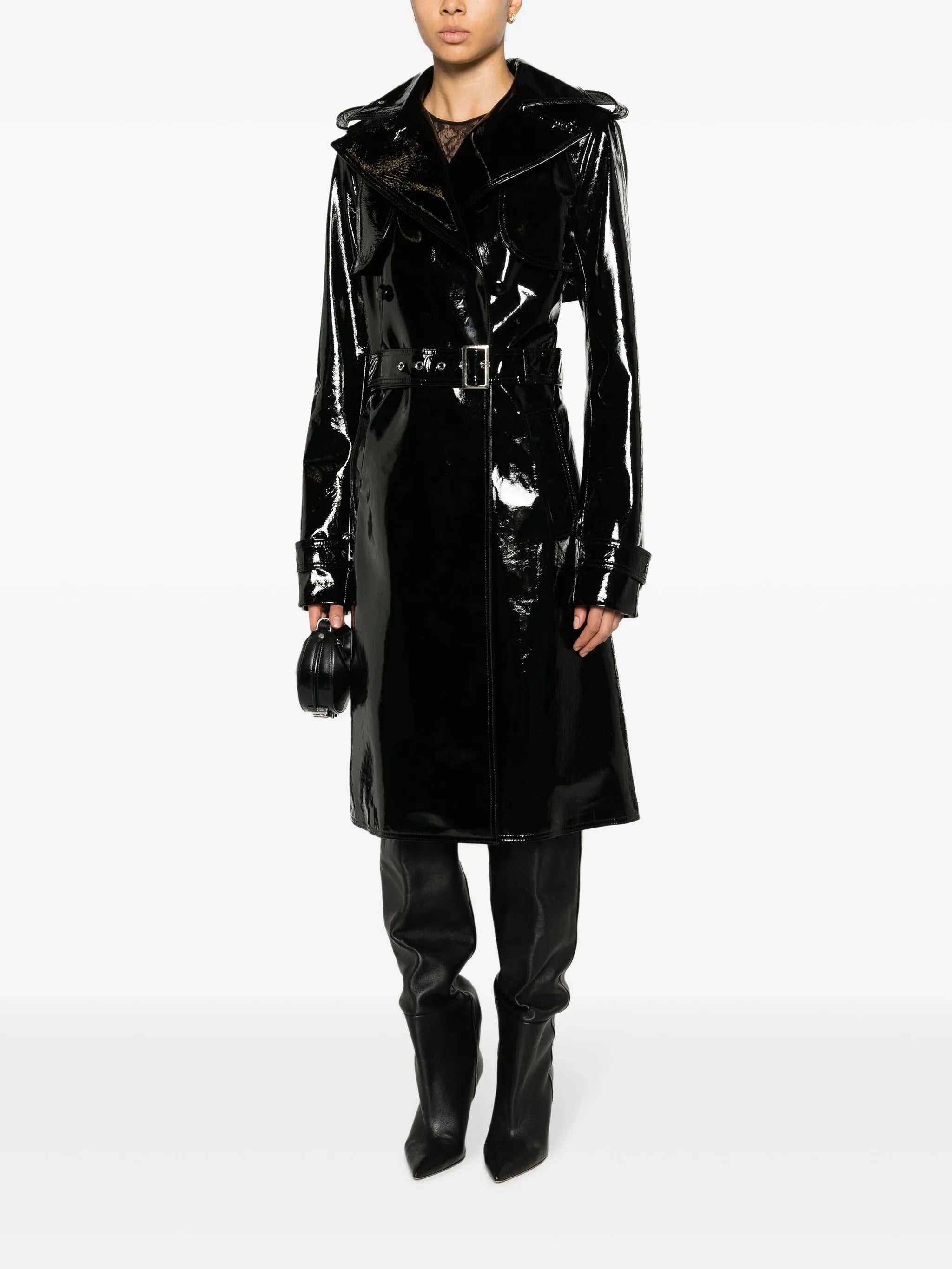 coated-finish leather trench coat