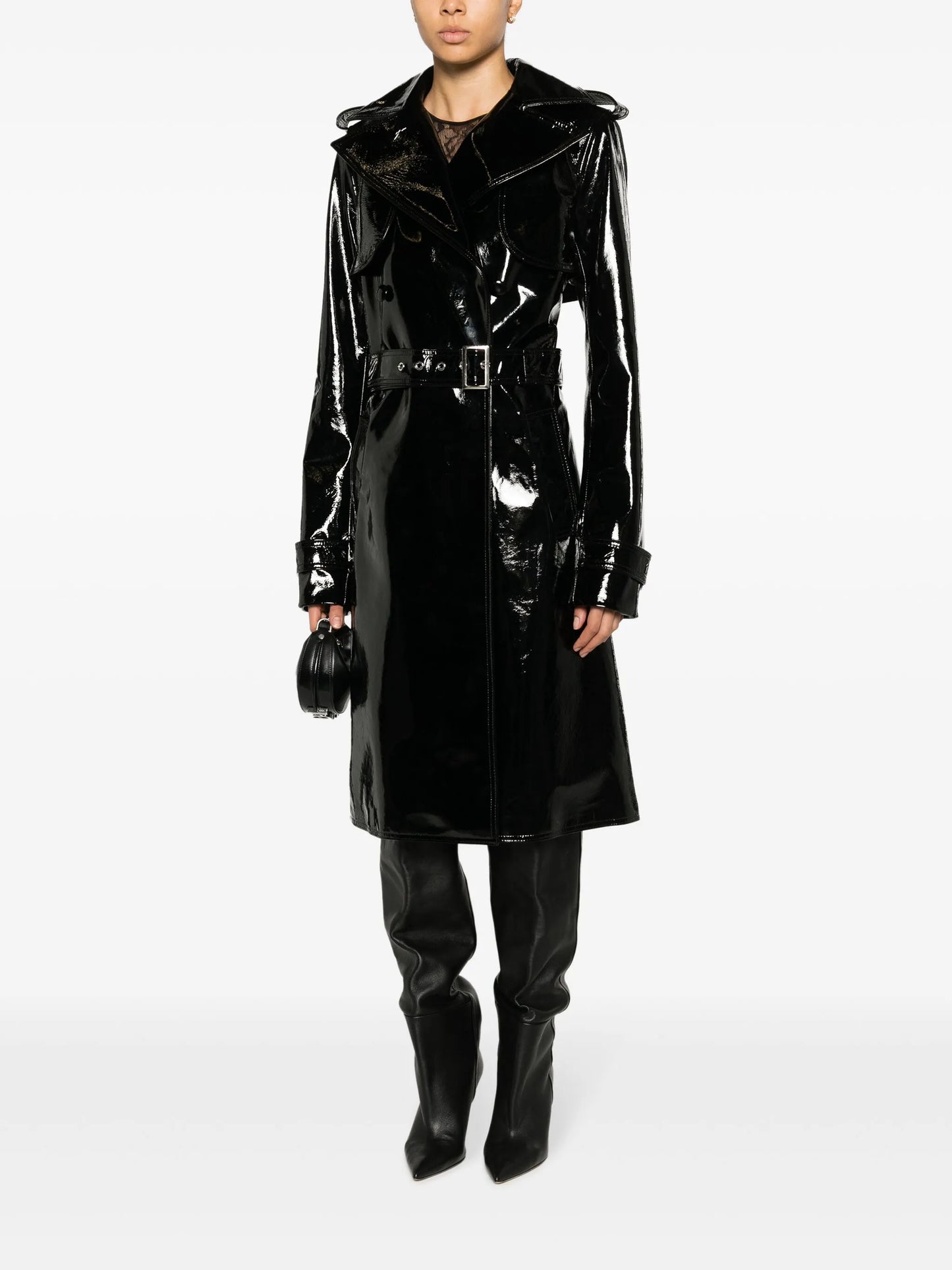 coated-finish leather trench coat