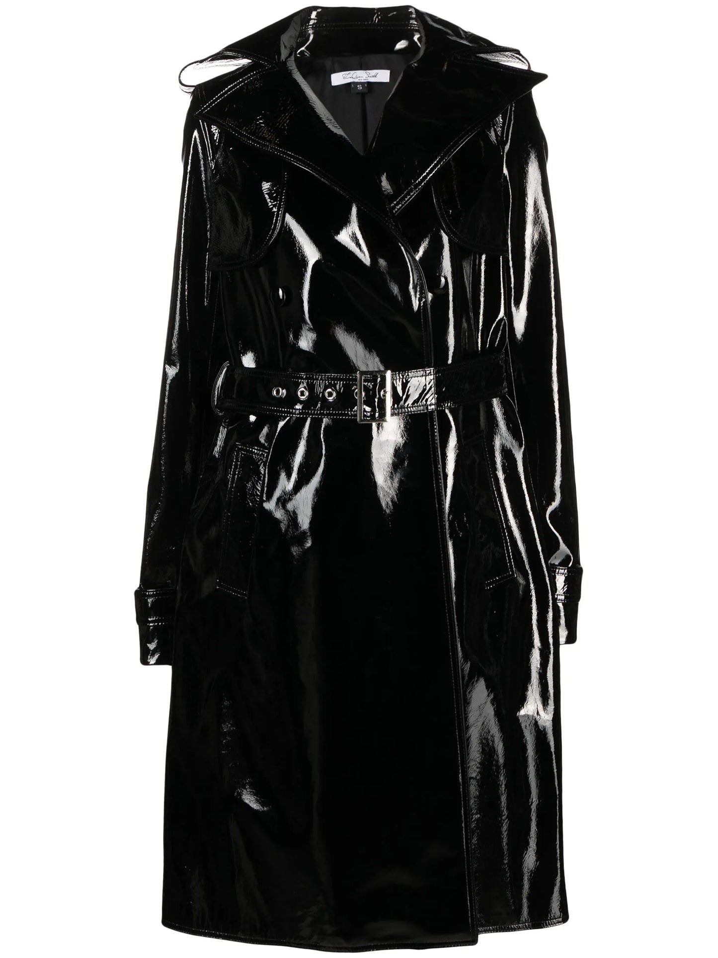 coated-finish leather trench coat