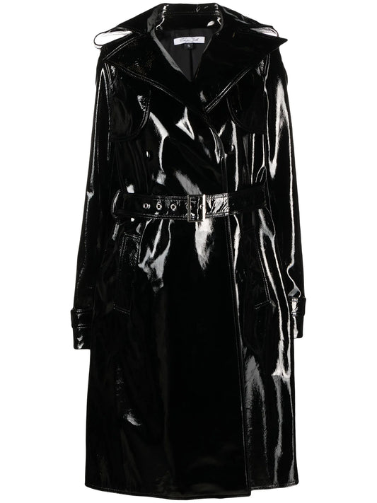 coated-finish leather trench coat