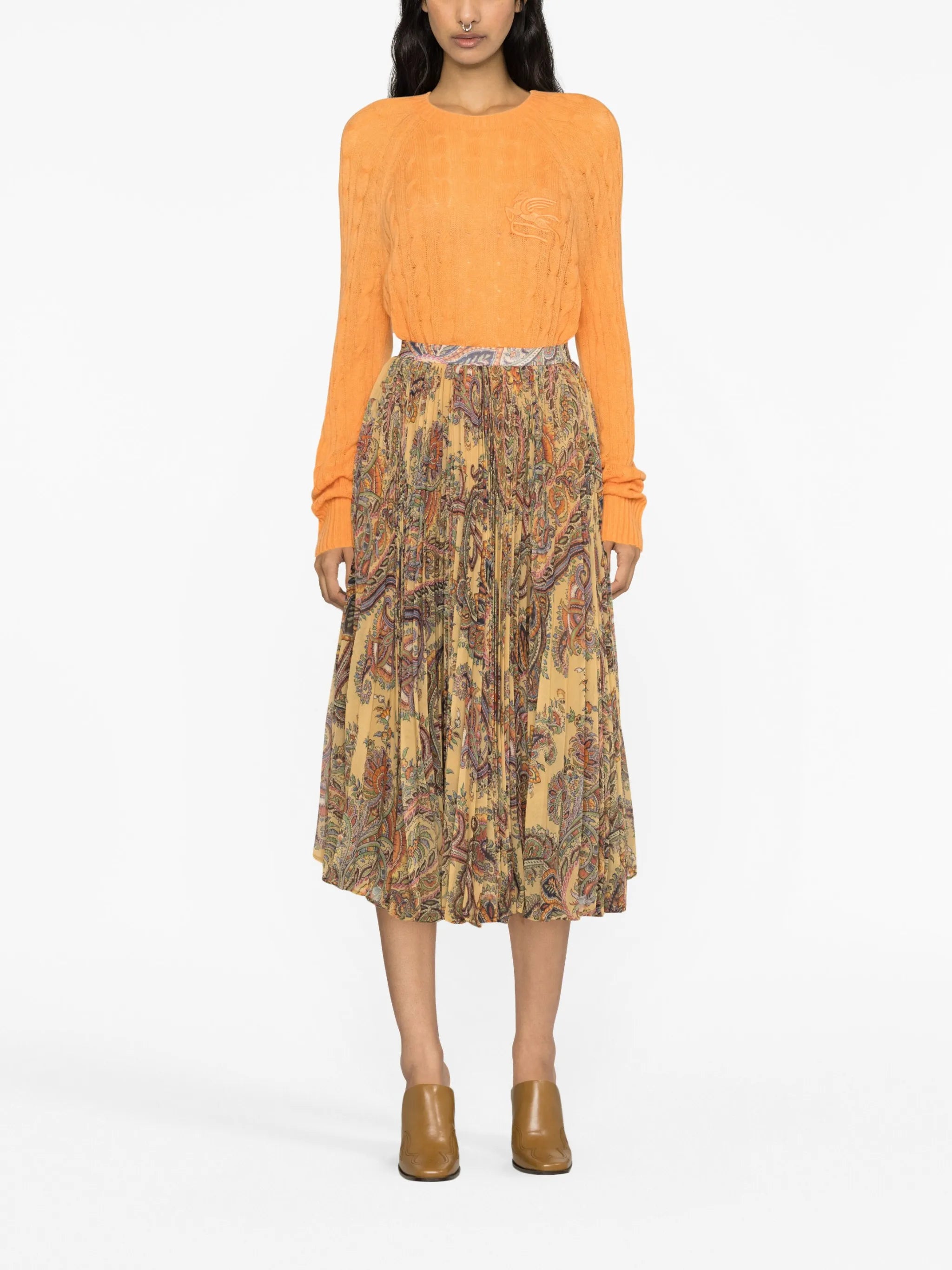 paisley-print pleated silk midi skirt