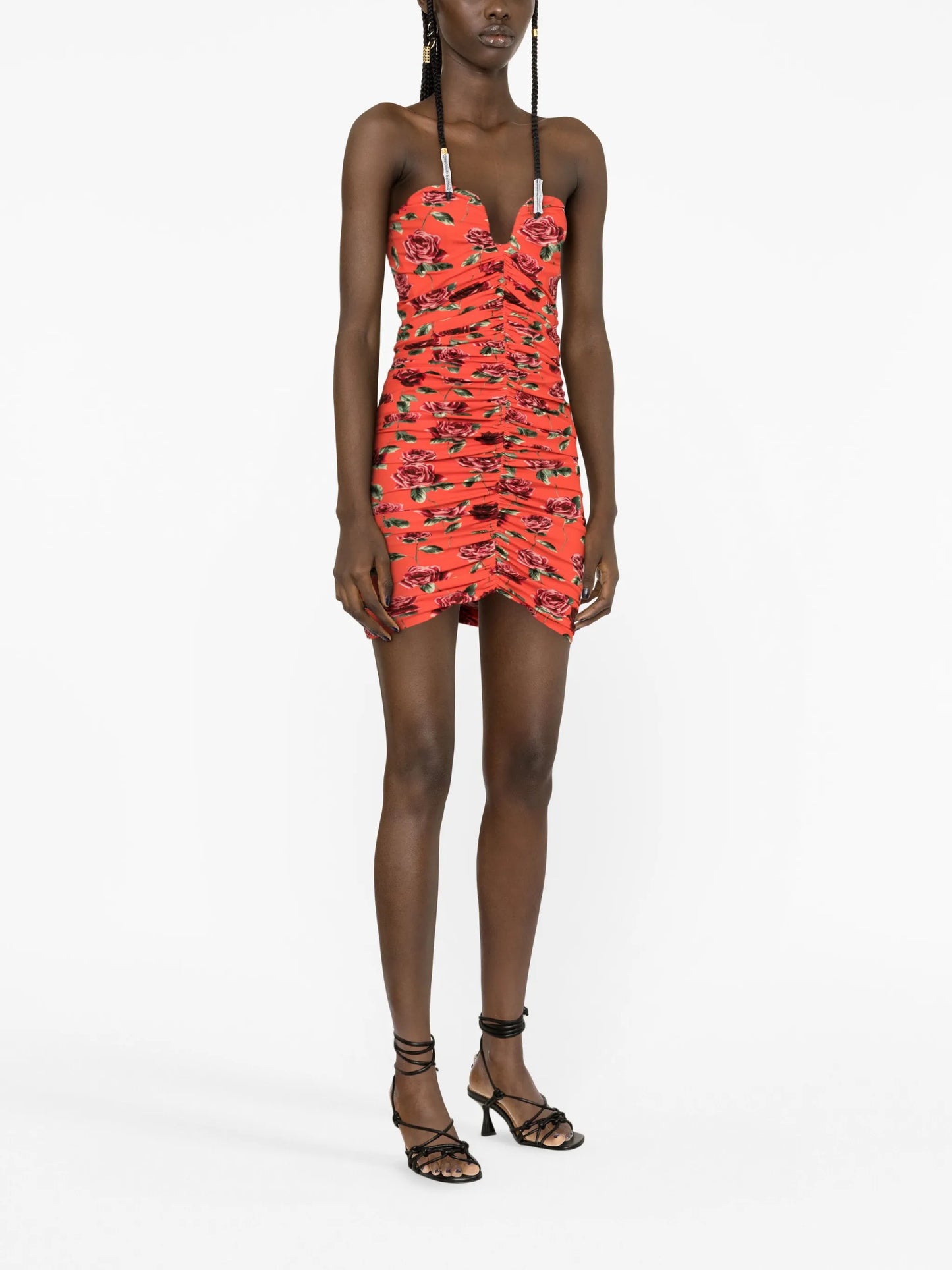 rose-print ruched bustier minidress