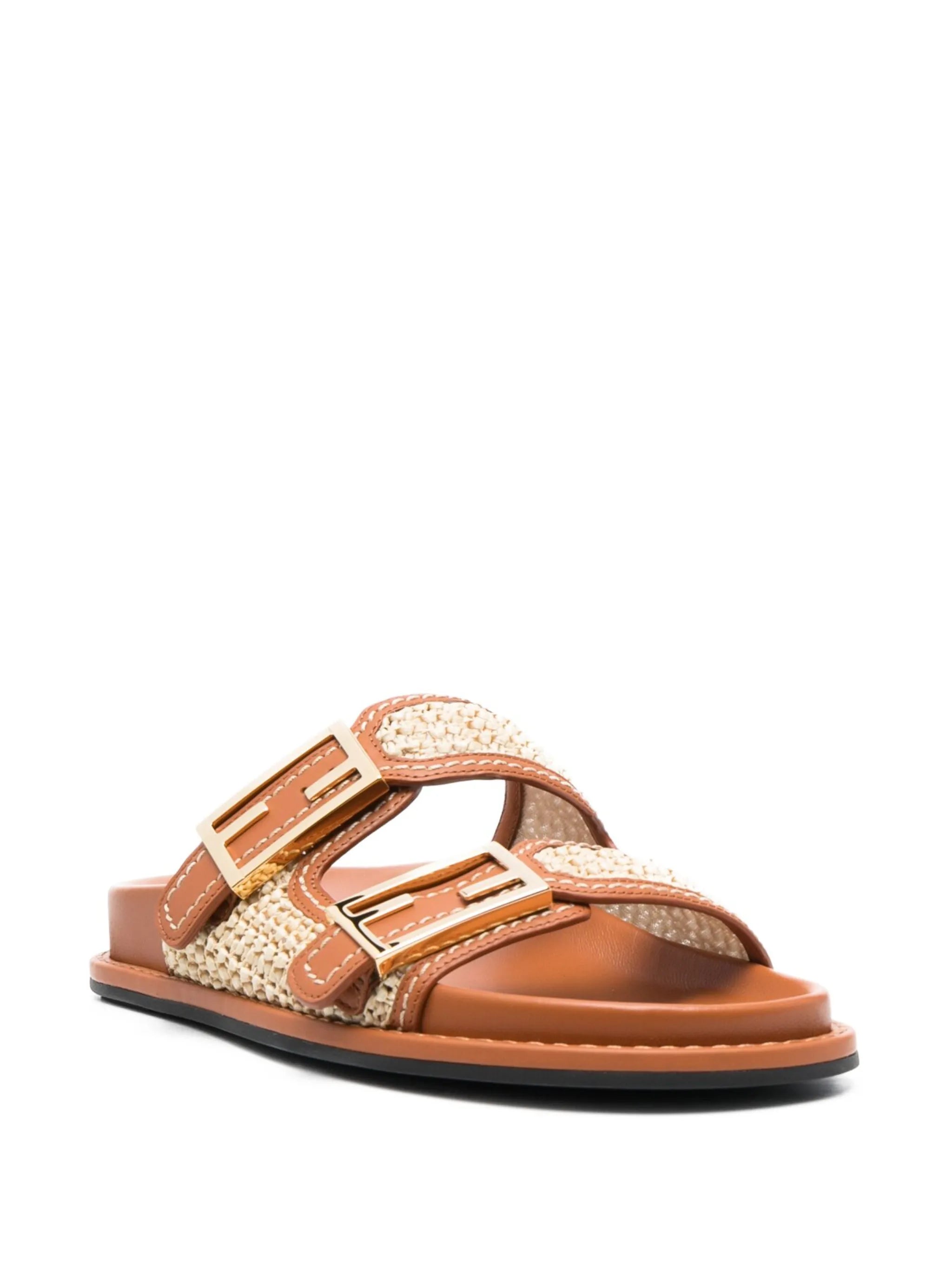 FF logo-buckle raffia-strap slides