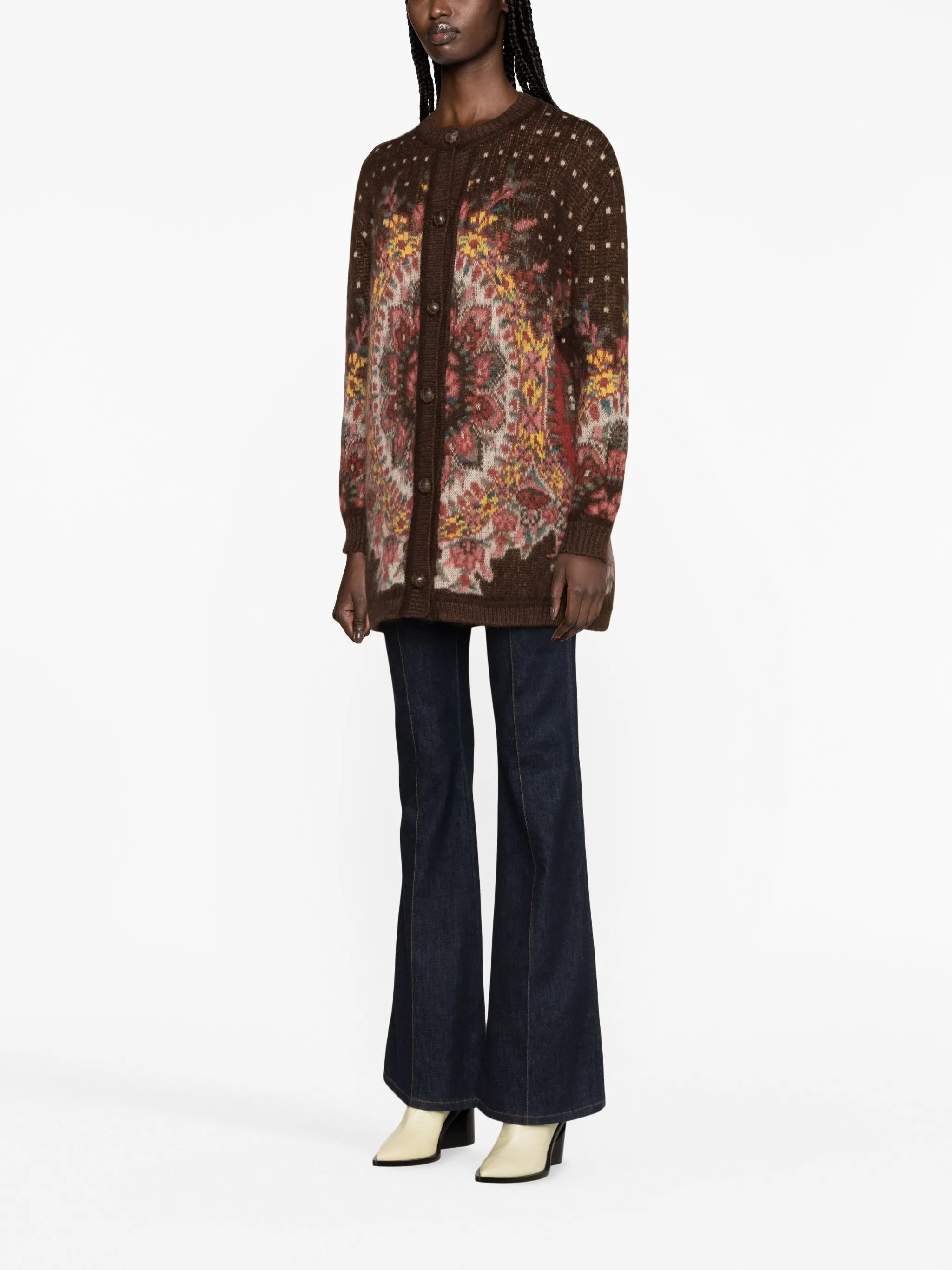patterned-jacquard crew-neck cardigan