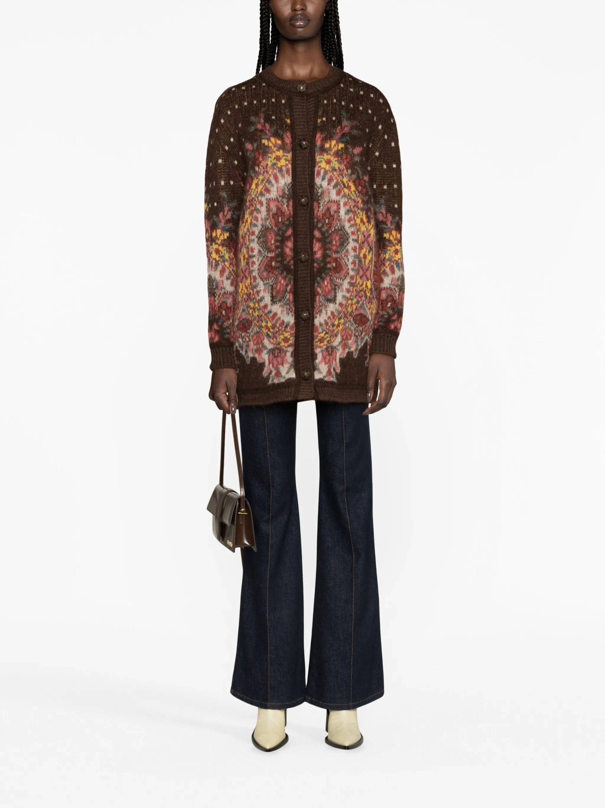 patterned-jacquard crew-neck cardigan