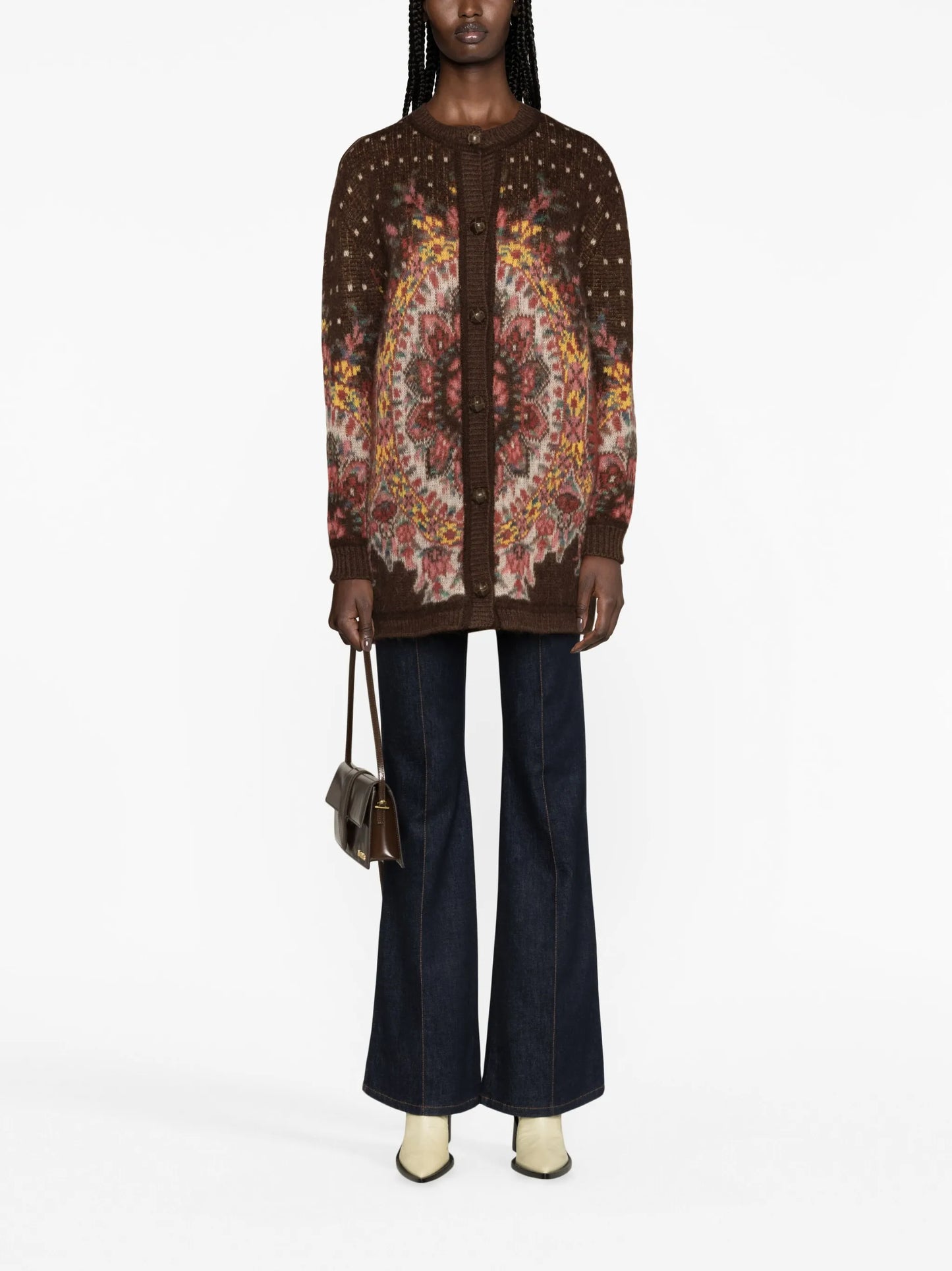 patterned-jacquard crew-neck cardigan